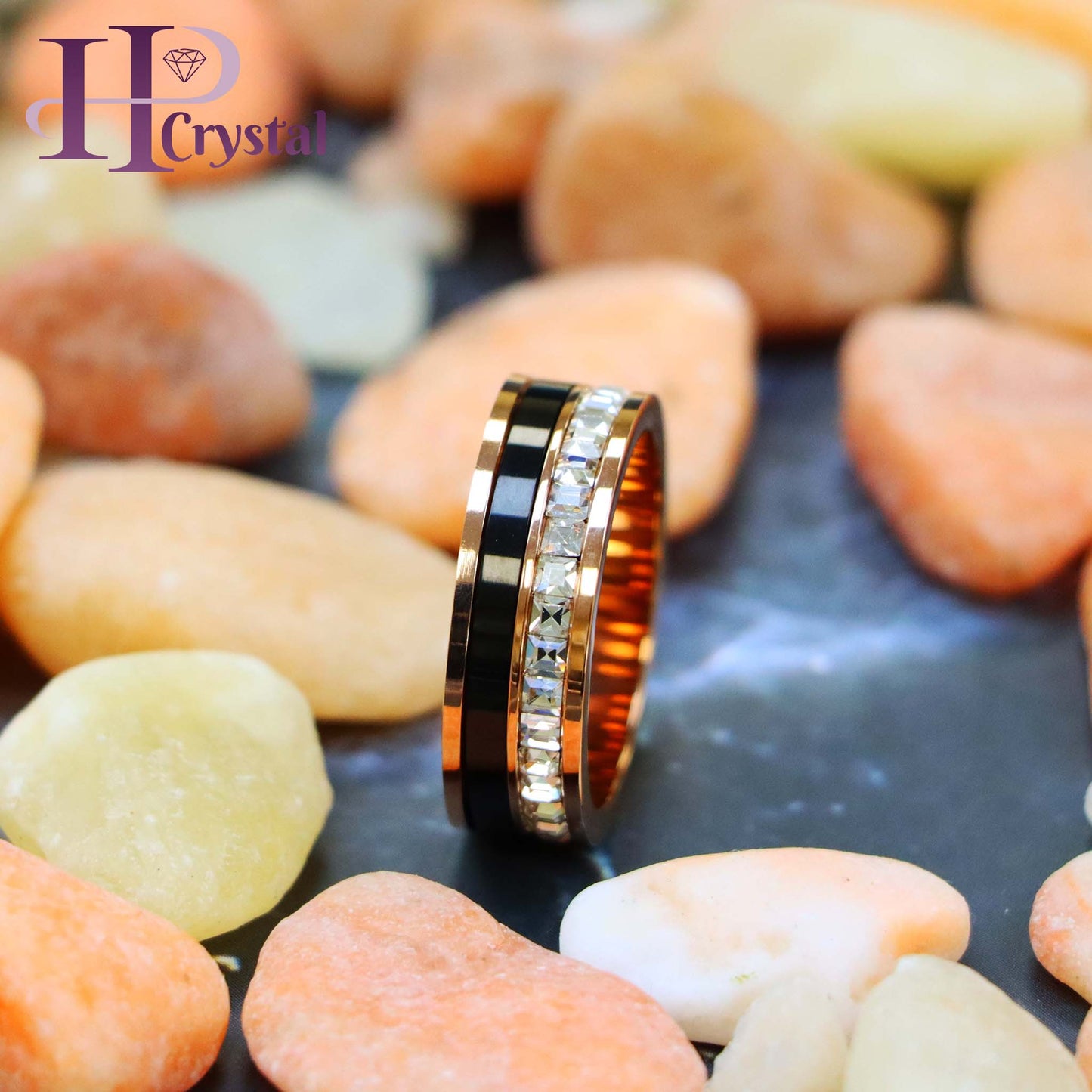 Rose Gold & Black IP Plated Titanium Spinner Princess cut Eternity CZ Titanium Ring