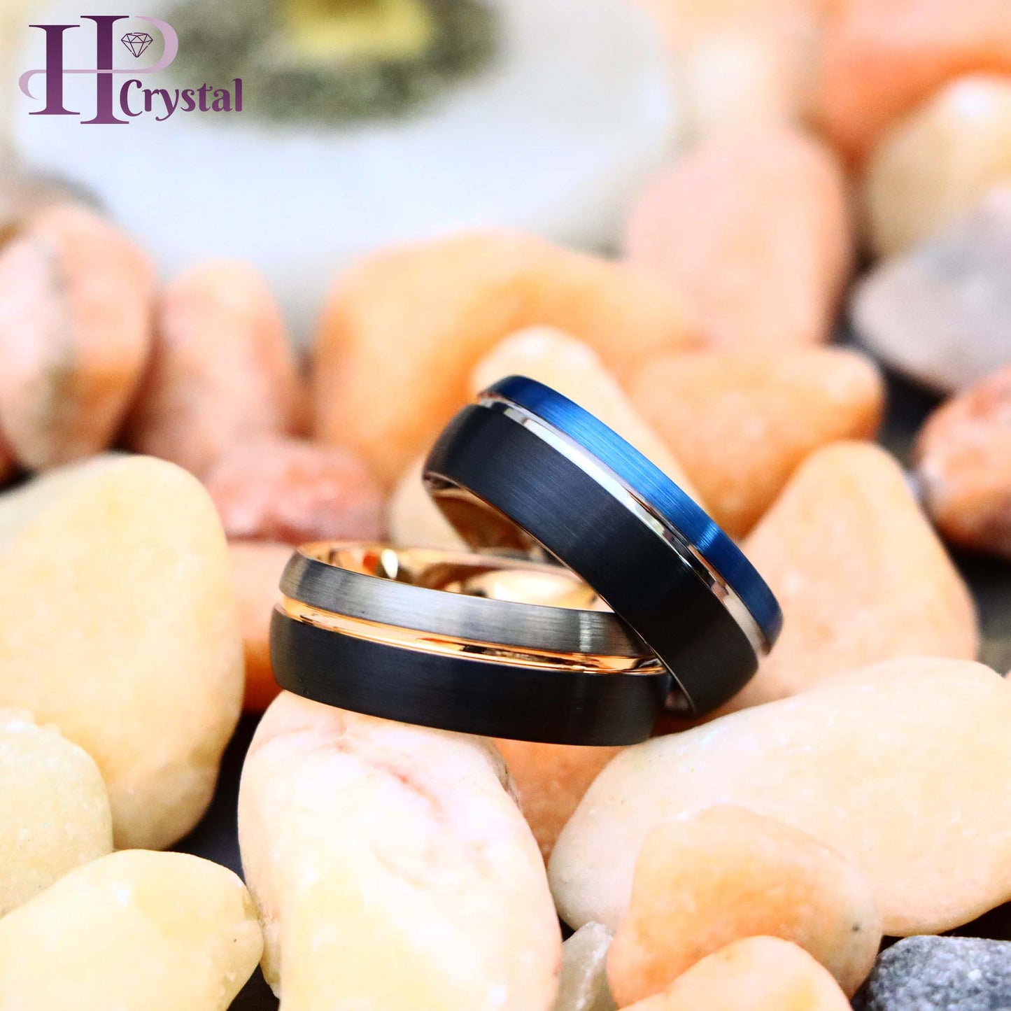 Three-tone Natural, Rose Gold & Black IP Plated/Blue & Black IP Plated Groove Tungsten Ring