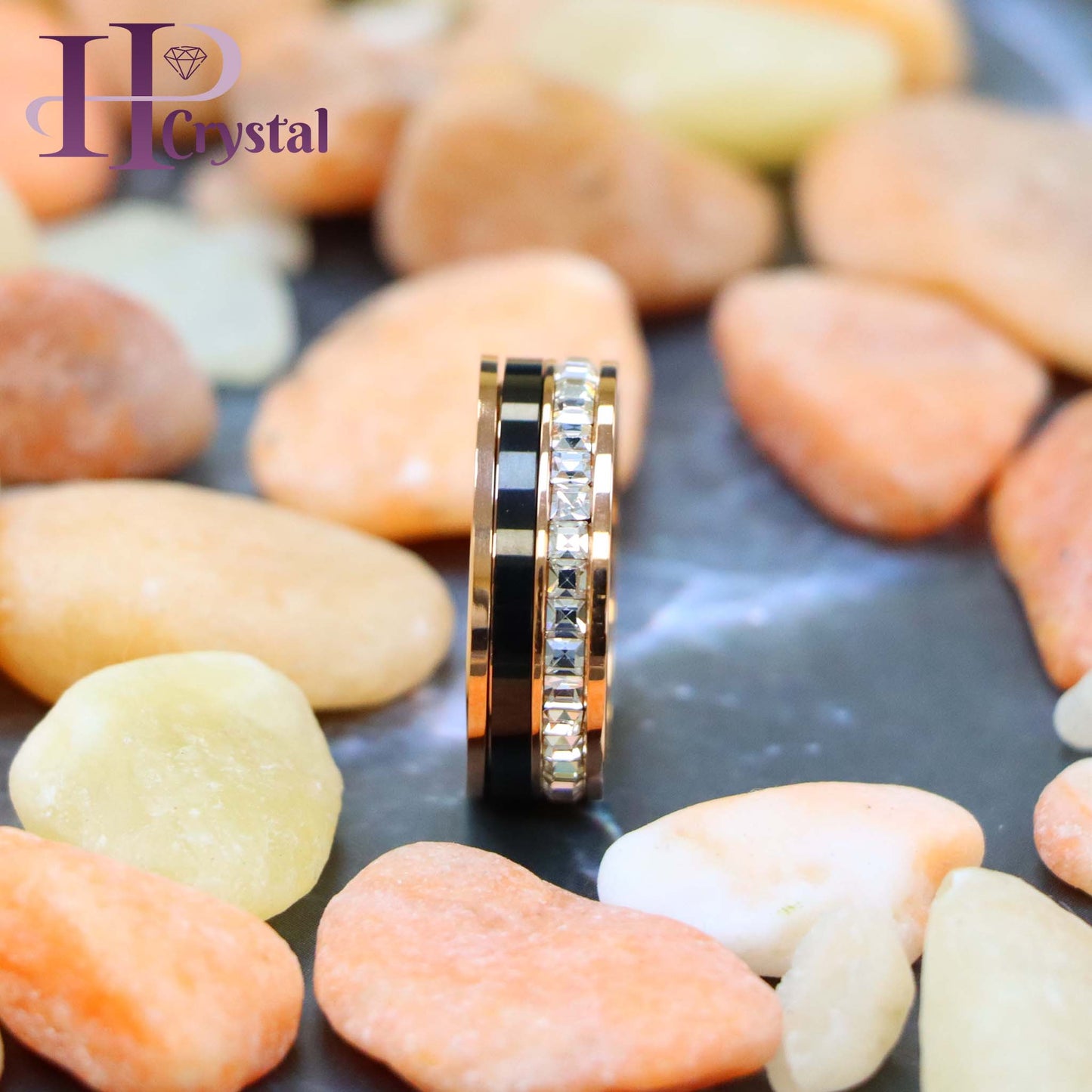 Rose Gold & Black IP Plated Titanium Spinner Princess cut Eternity CZ Titanium Ring