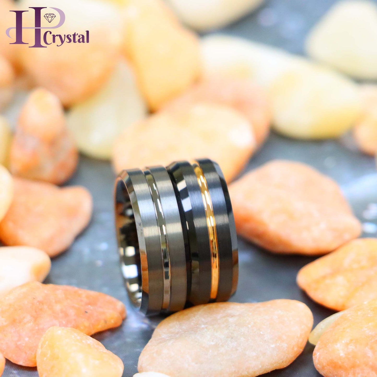 Black Ring Rose Gold Plated Inside & Grooved Center/Gun Metal IP Plated Grooved Tungsten Ring