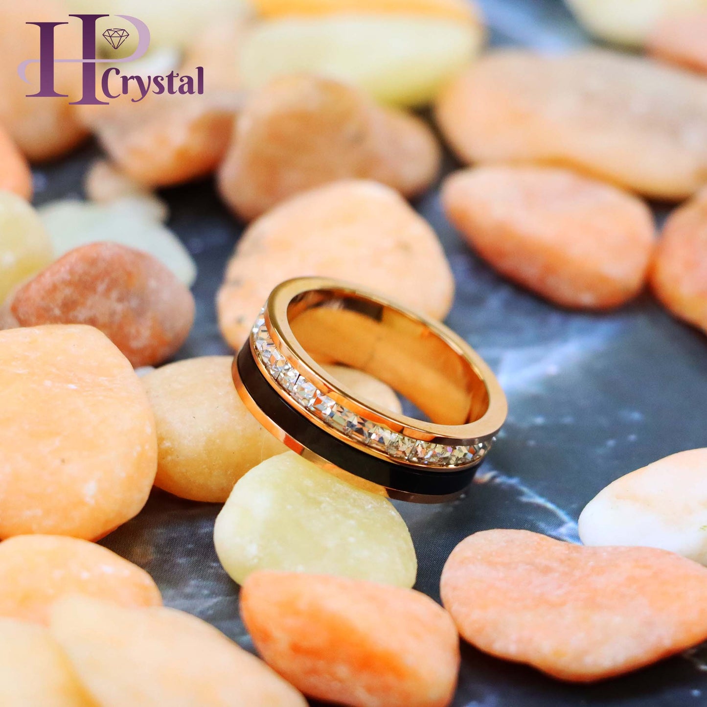 Rose Gold & Black IP Plated Titanium Spinner Princess cut Eternity CZ Titanium Ring