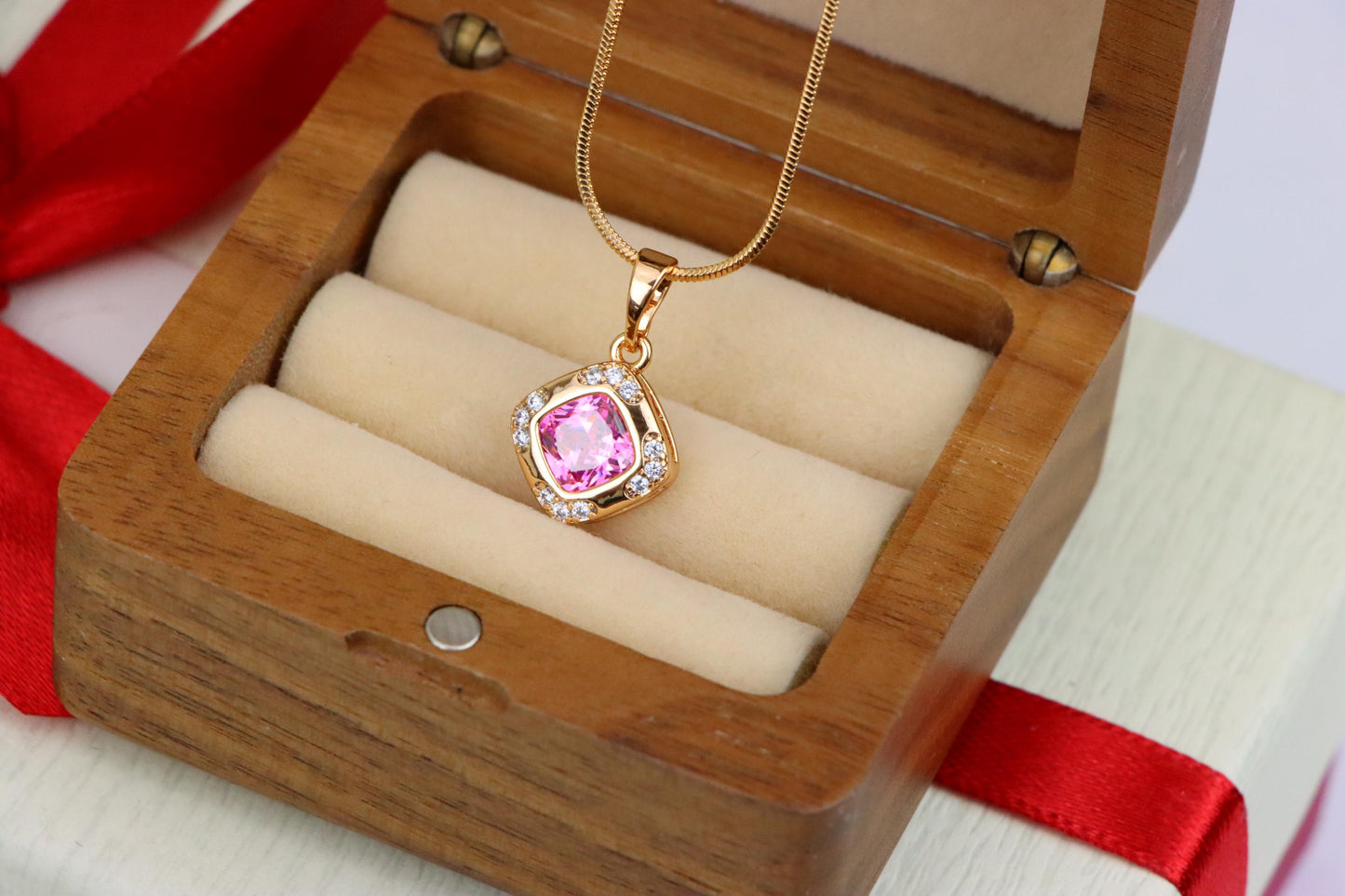 Pink Cushion Stone Pendant in Gold Plated Brass with Crystal Halo, XPPT1767 (2152-7)