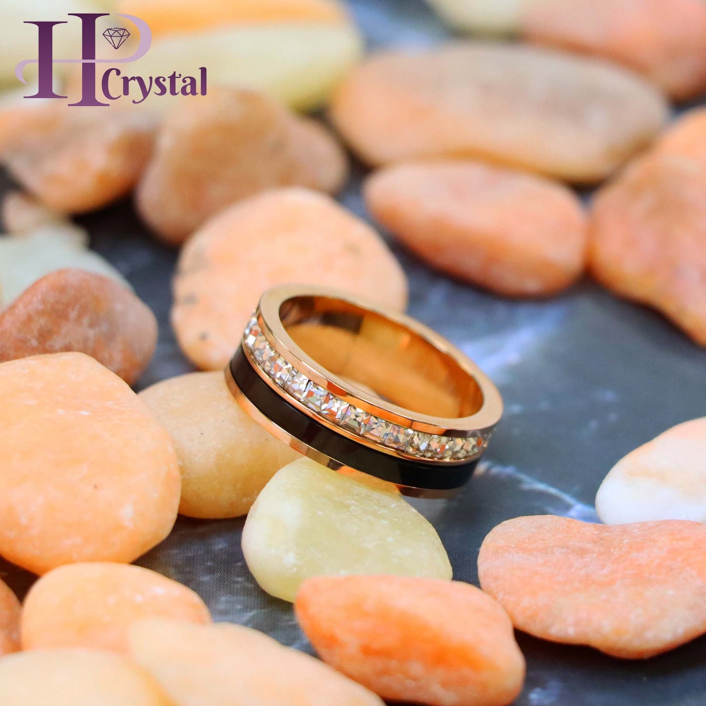 Rose Gold & Black IP Plated Titanium Spinner Princess cut Eternity CZ Titanium Ring