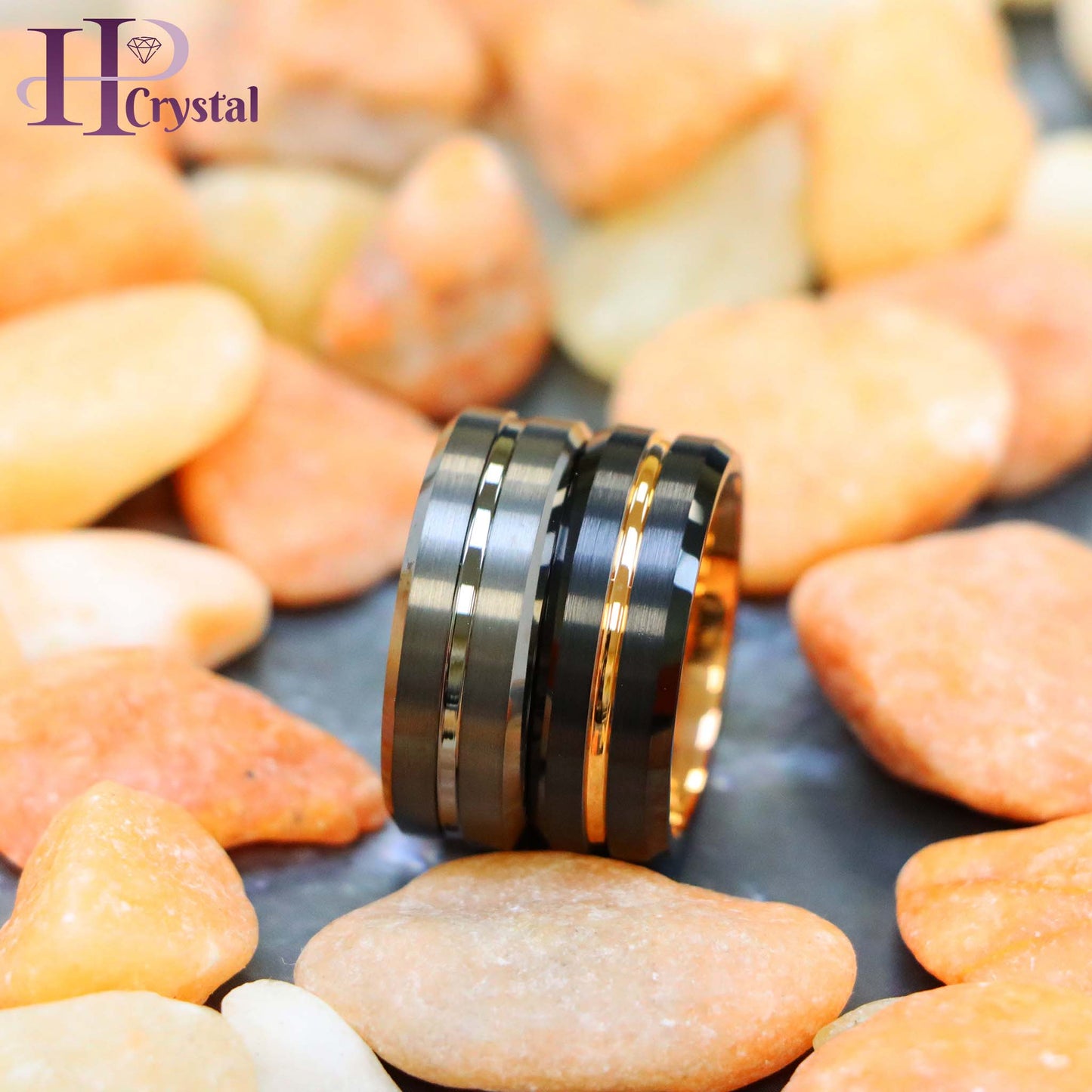 Black Ring Rose Gold Plated Inside & Grooved Center/Gun Metal IP Plated Grooved Tungsten Ring