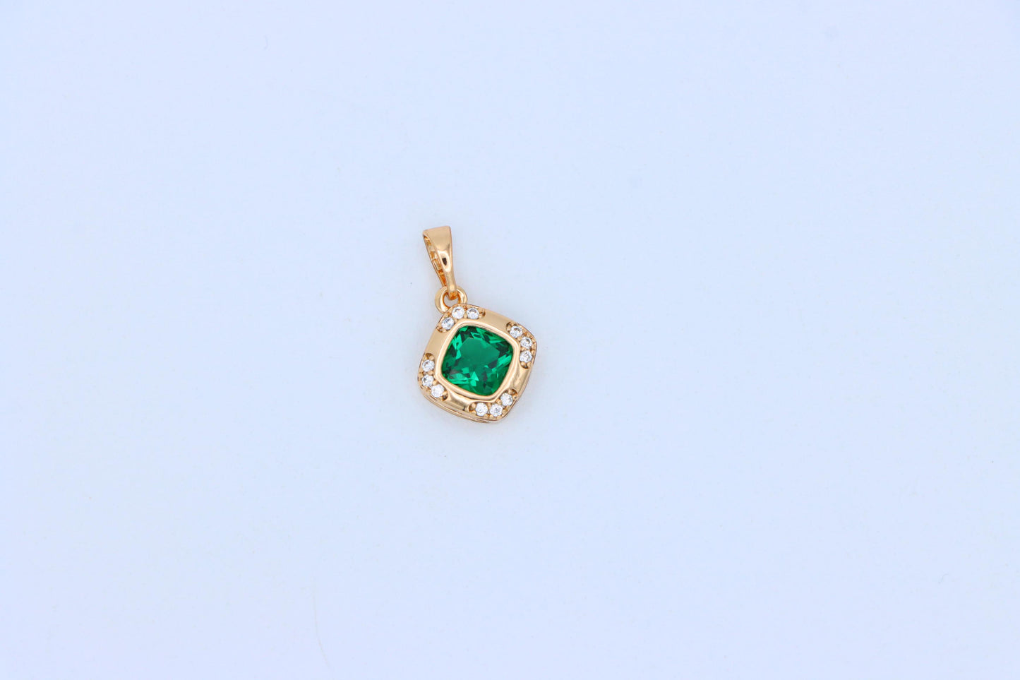 Green Cushion Stone Pendant in Gold Plated Brass with Crystal Halo, XPPT1768 (2152-7)