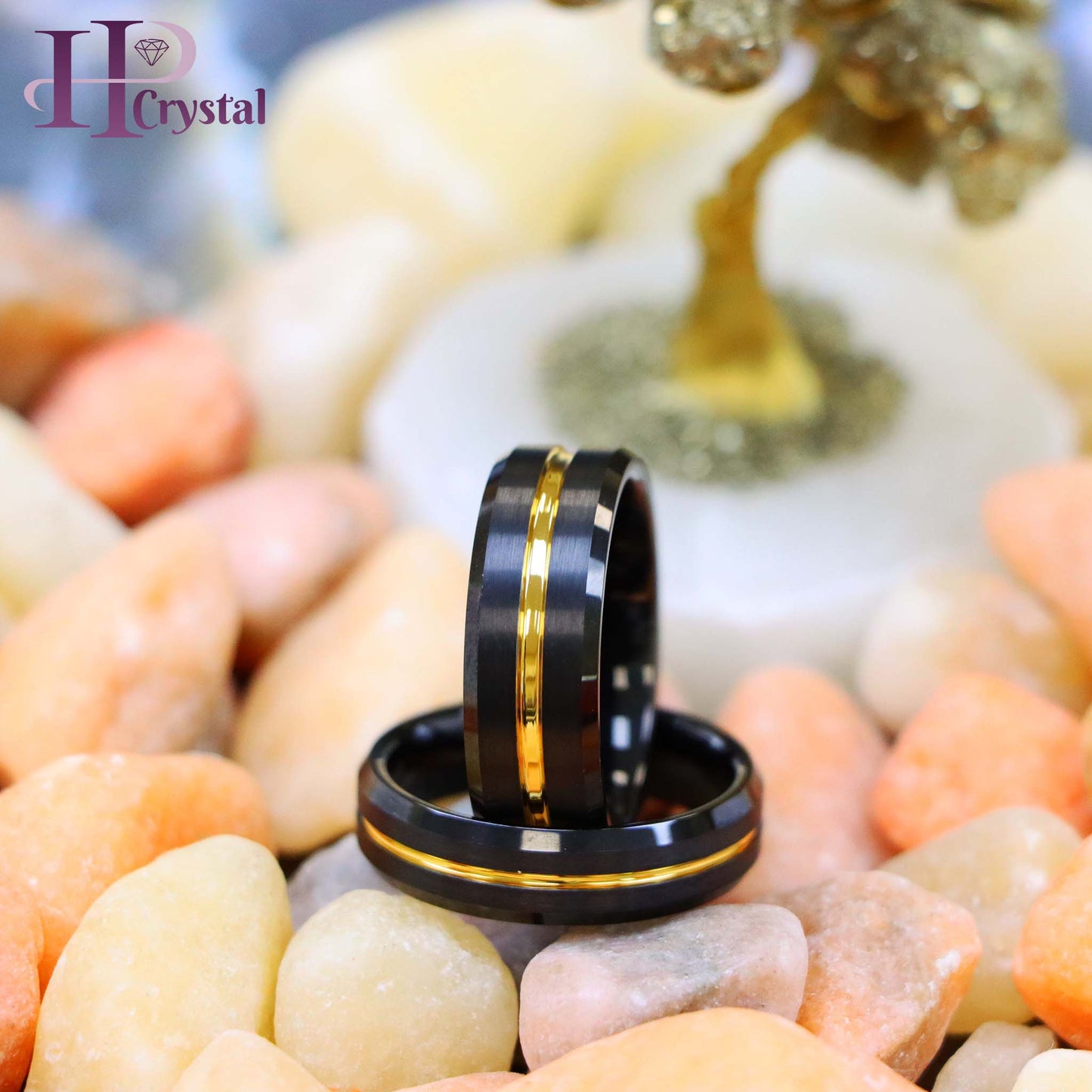 Black IP Brushed with Yellow Gold IP Grooved Center Beveled Edge 8mm/6mm Tungsten Ring