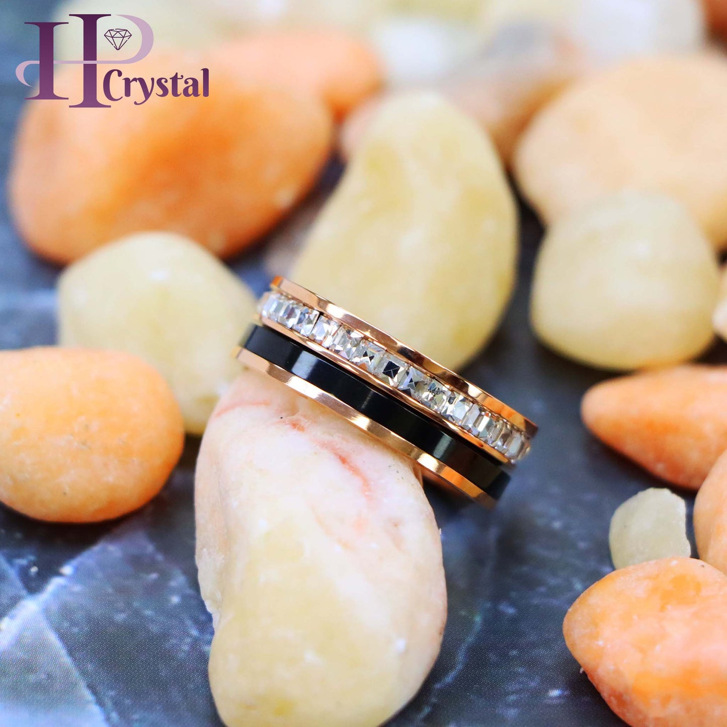Rose Gold & Black IP Plated Titanium Spinner Princess cut Eternity CZ Titanium Ring