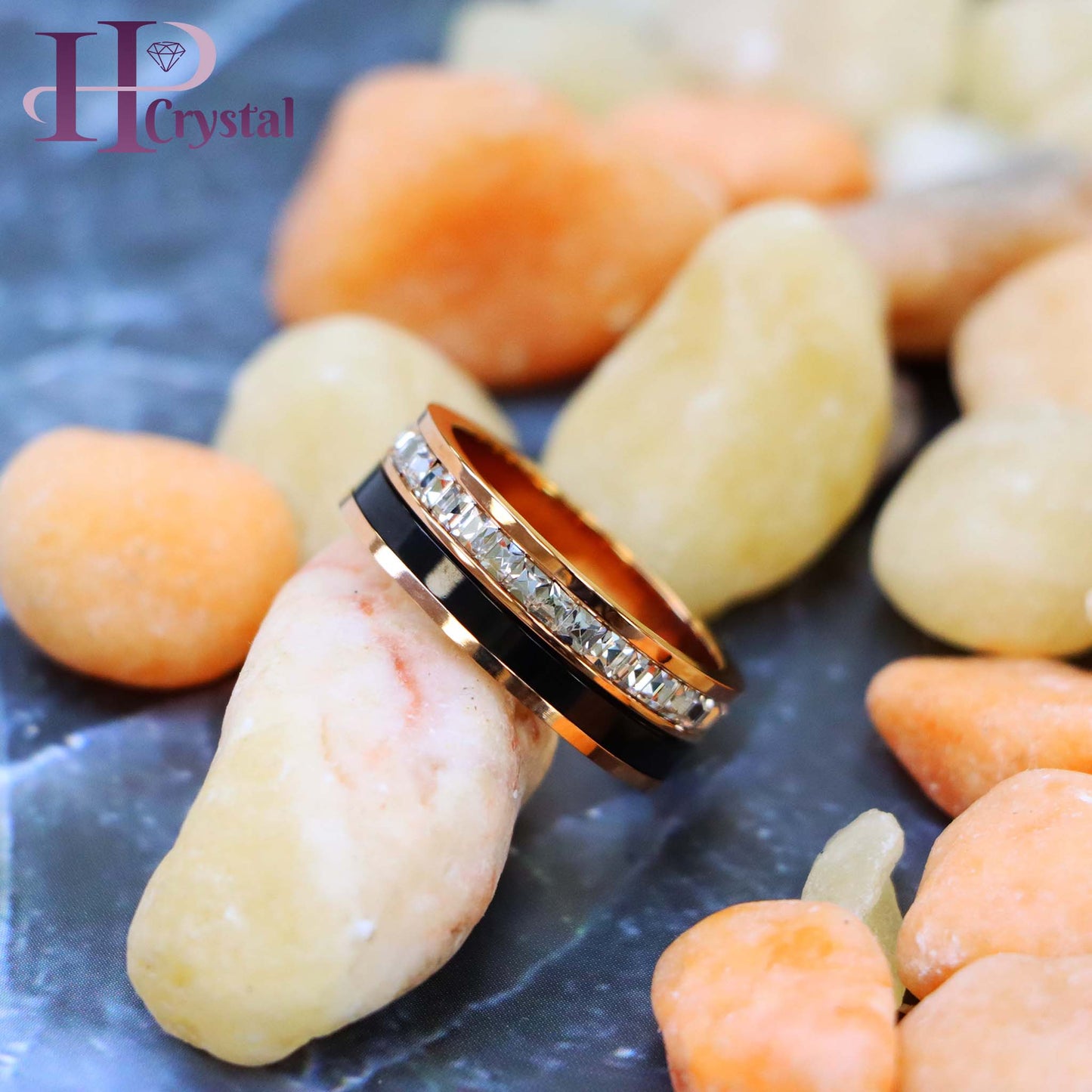 Rose Gold & Black IP Plated Titanium Spinner Princess cut Eternity CZ Titanium Ring