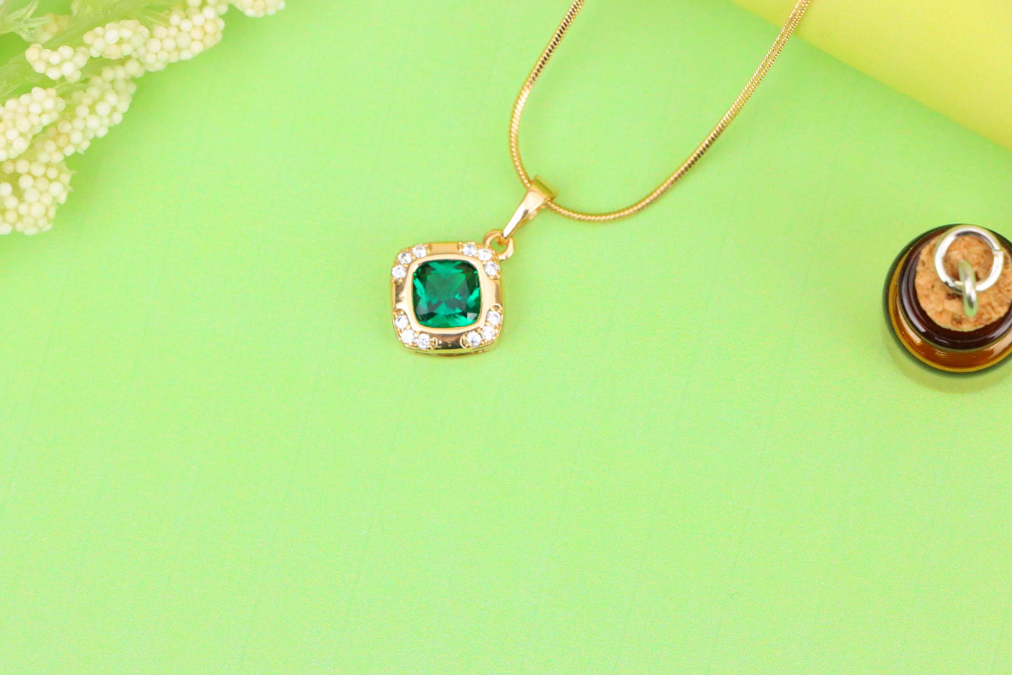 Green Cushion Stone Pendant in Gold Plated Brass with Crystal Halo, XPPT1768 (2152-7)