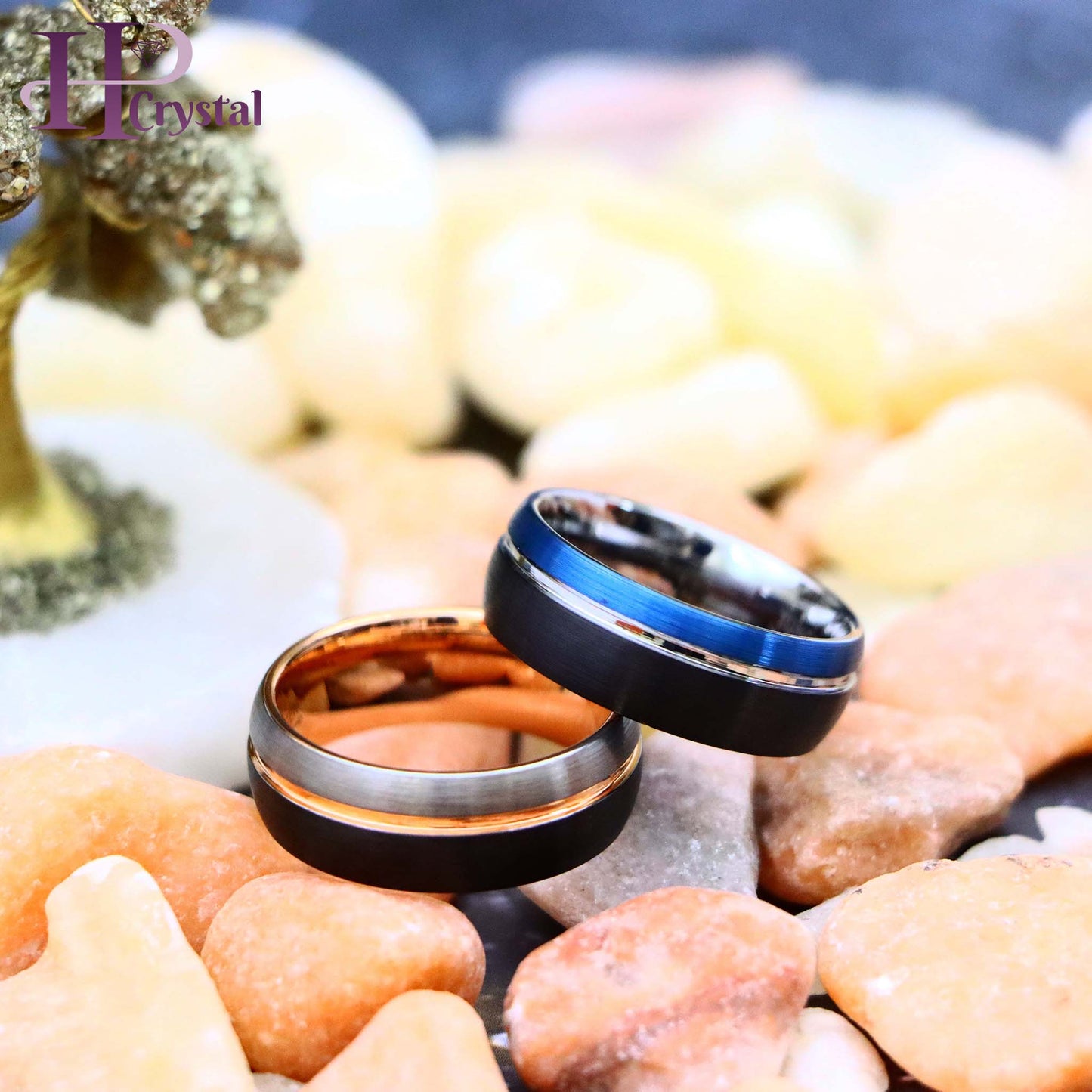 Three-tone Natural, Rose Gold & Black IP Plated/Blue & Black IP Plated Groove Tungsten Ring