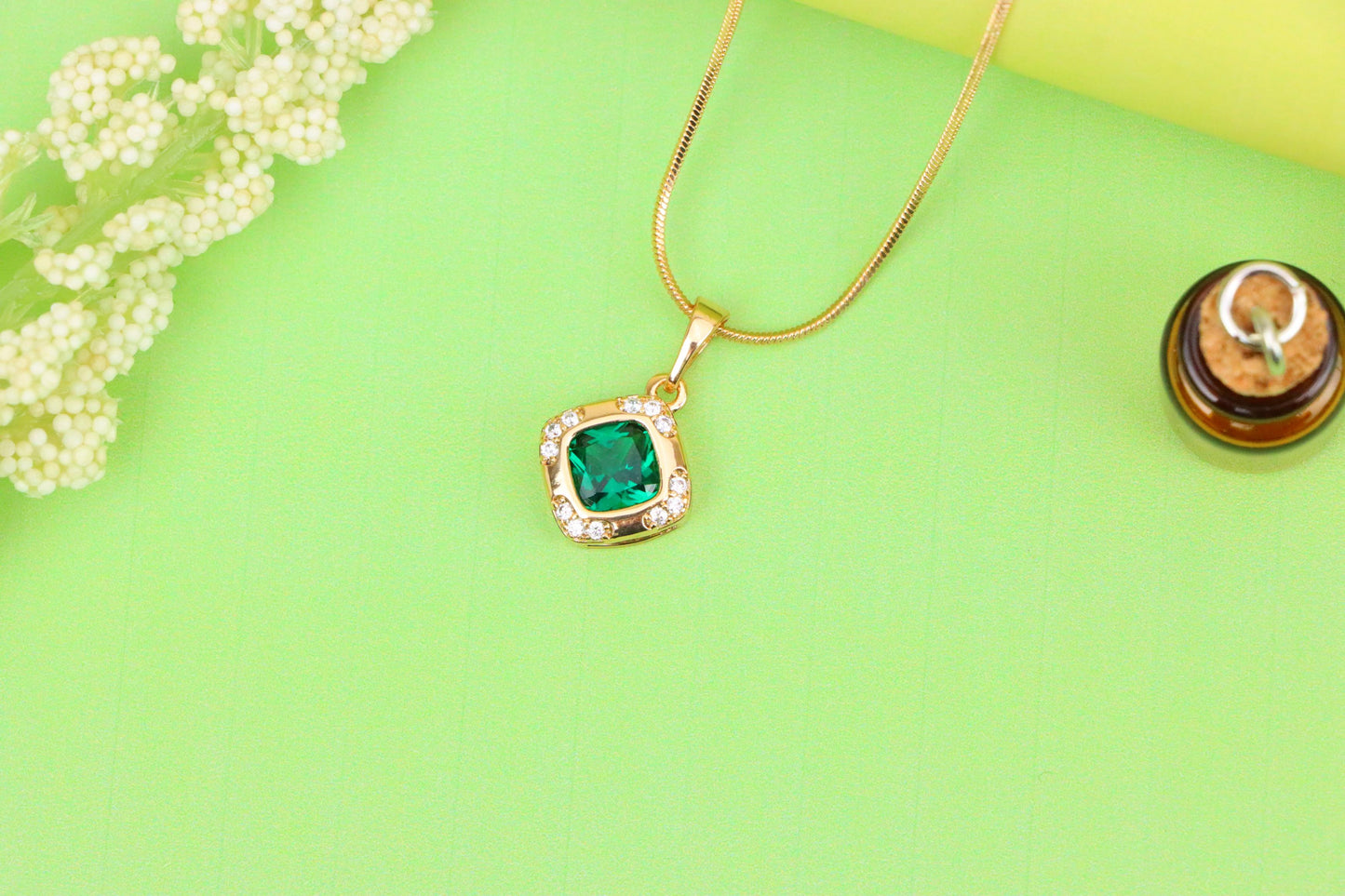 Green Cushion Stone Pendant in Gold Plated Brass with Crystal Halo, XPPT1768 (2152-7)