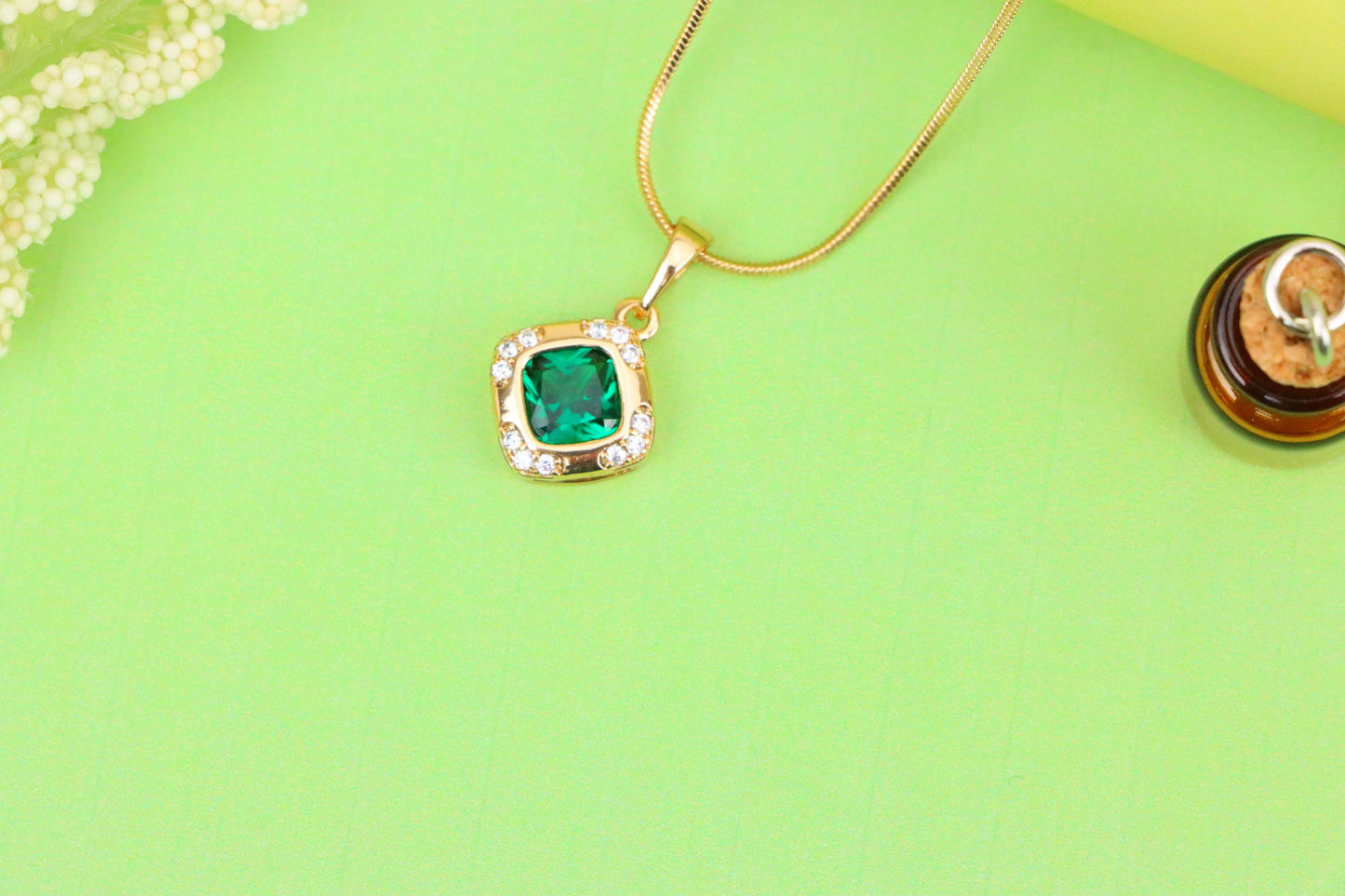Green Cushion Stone Pendant in Gold Plated Brass with Crystal Halo, XPPT1768 (2152-7)