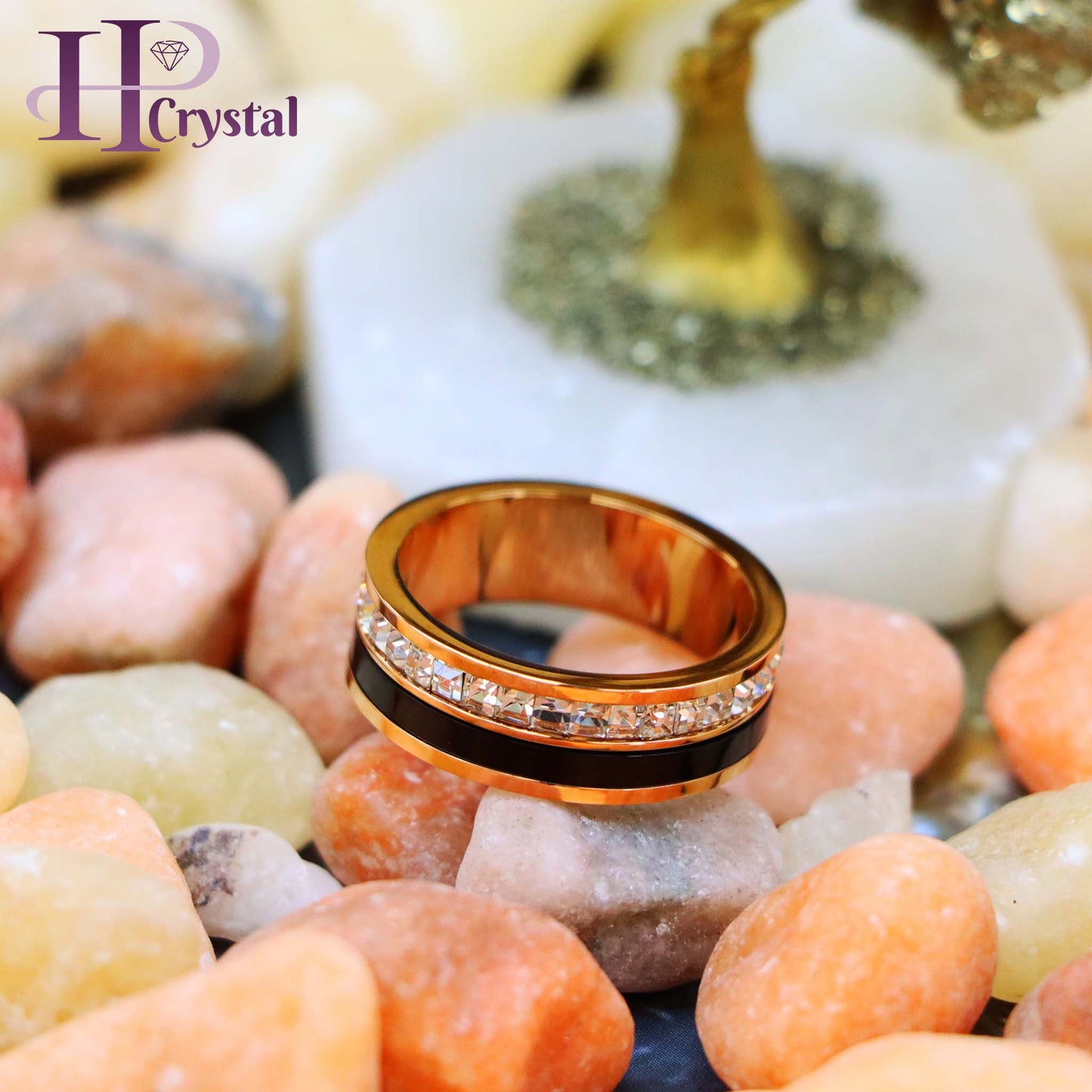 Rose Gold & Black IP Plated Titanium Spinner Princess cut Eternity CZ Titanium Ring