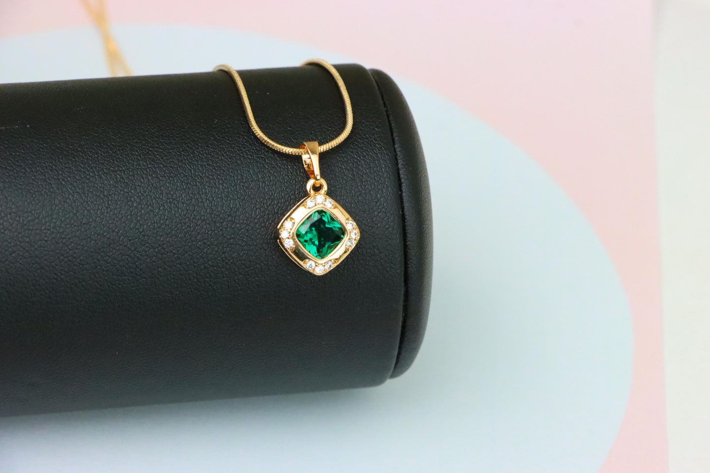 Green Cushion Stone Pendant in Gold Plated Brass with Crystal Halo, XPPT1768 (2152-7)