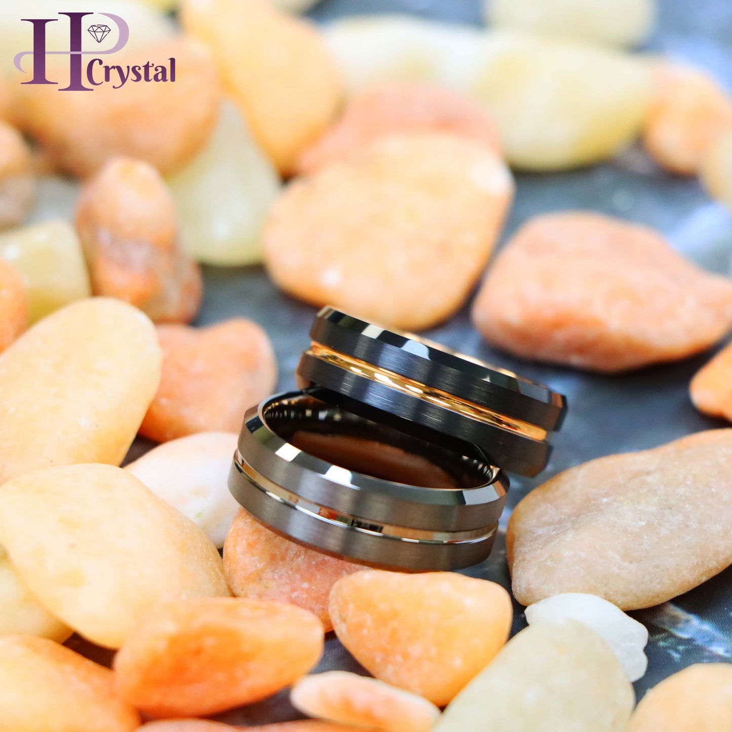 Black Ring Rose Gold Plated Inside & Grooved Center/Gun Metal IP Plated Grooved Tungsten Ring