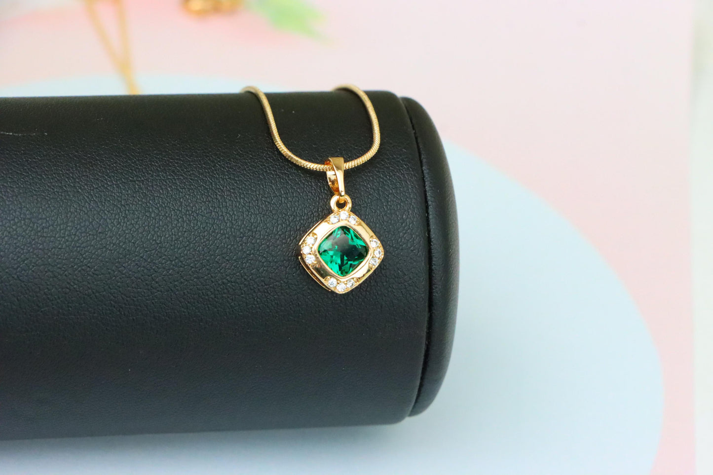 Green Cushion Stone Pendant in Gold Plated Brass with Crystal Halo, XPPT1768 (2152-7)