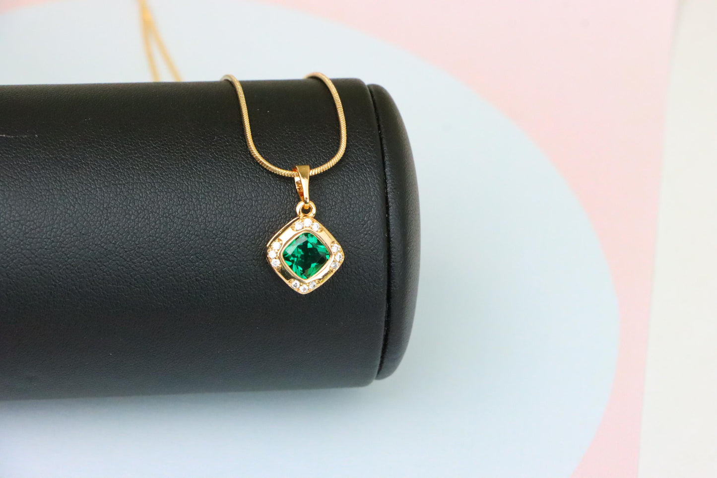 Green Cushion Stone Pendant in Gold Plated Brass with Crystal Halo, XPPT1768 (2152-7)