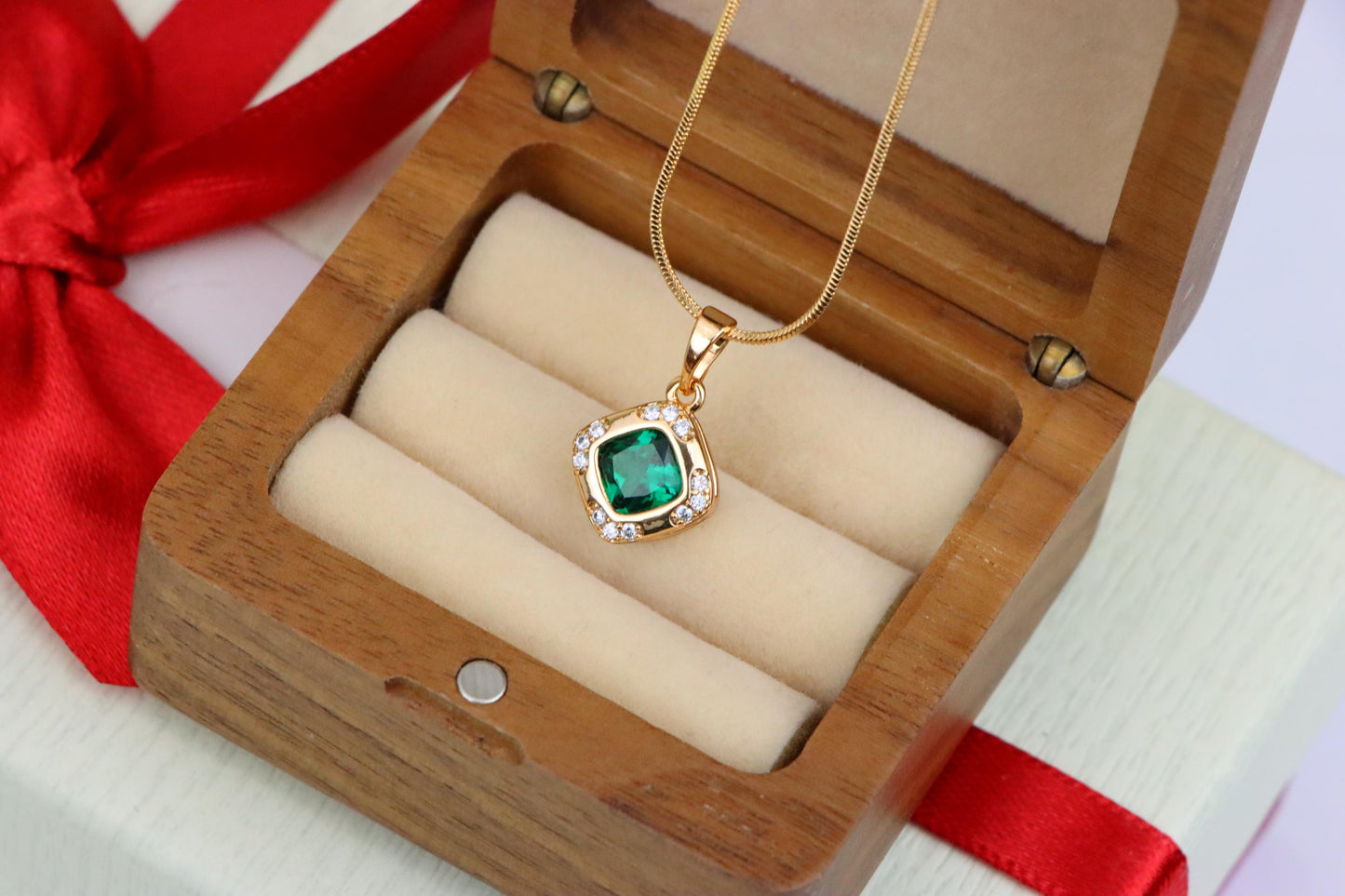 Green Cushion Stone Pendant in Gold Plated Brass with Crystal Halo, XPPT1768 (2152-7)