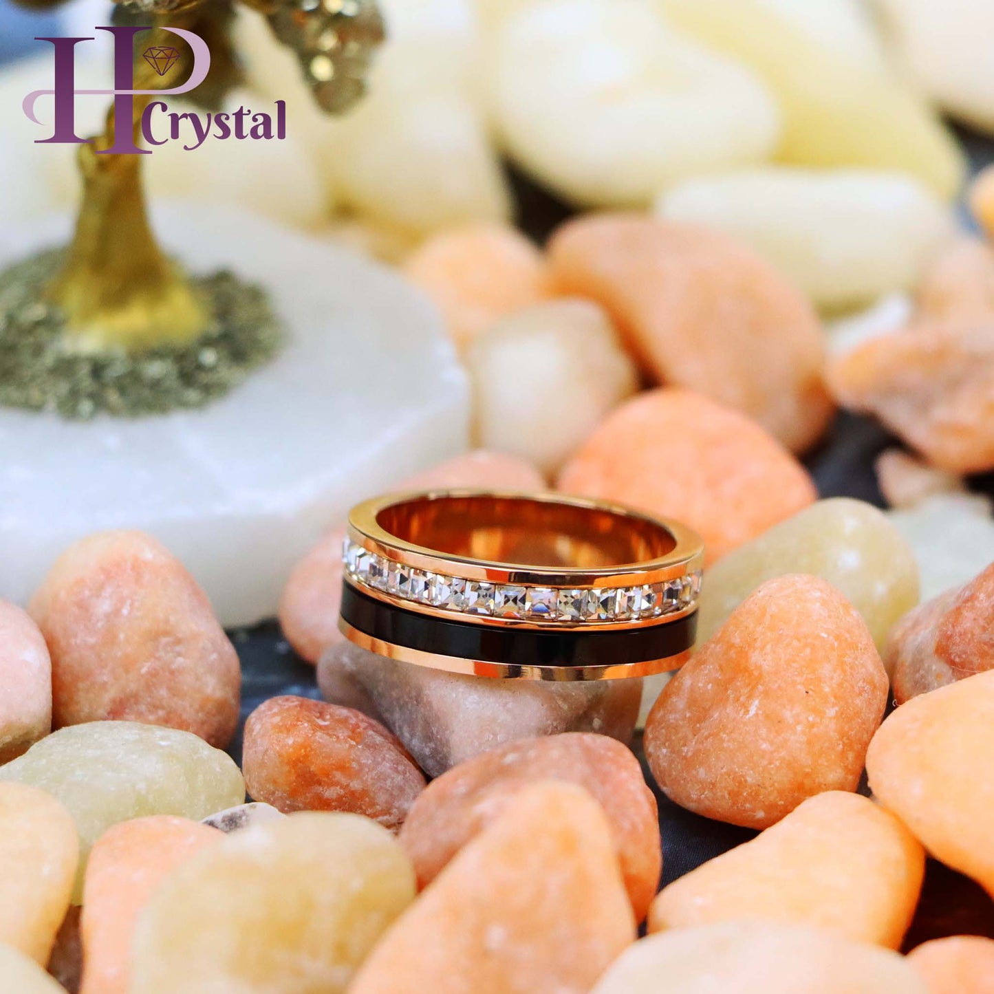 Rose Gold & Black IP Plated Titanium Spinner Princess cut Eternity CZ Titanium Ring