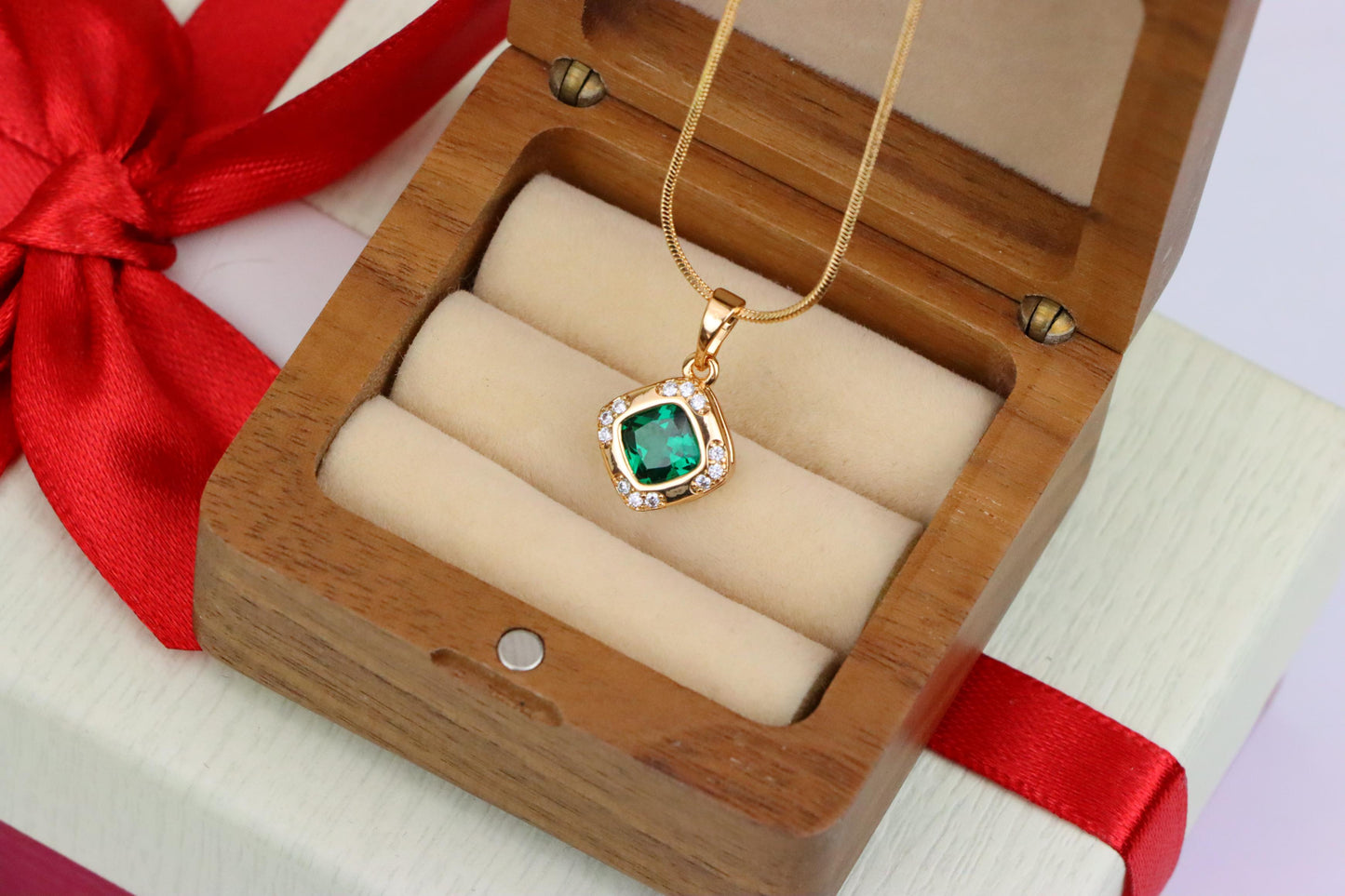 Green Cushion Stone Pendant in Gold Plated Brass with Crystal Halo, XPPT1768 (2152-7)