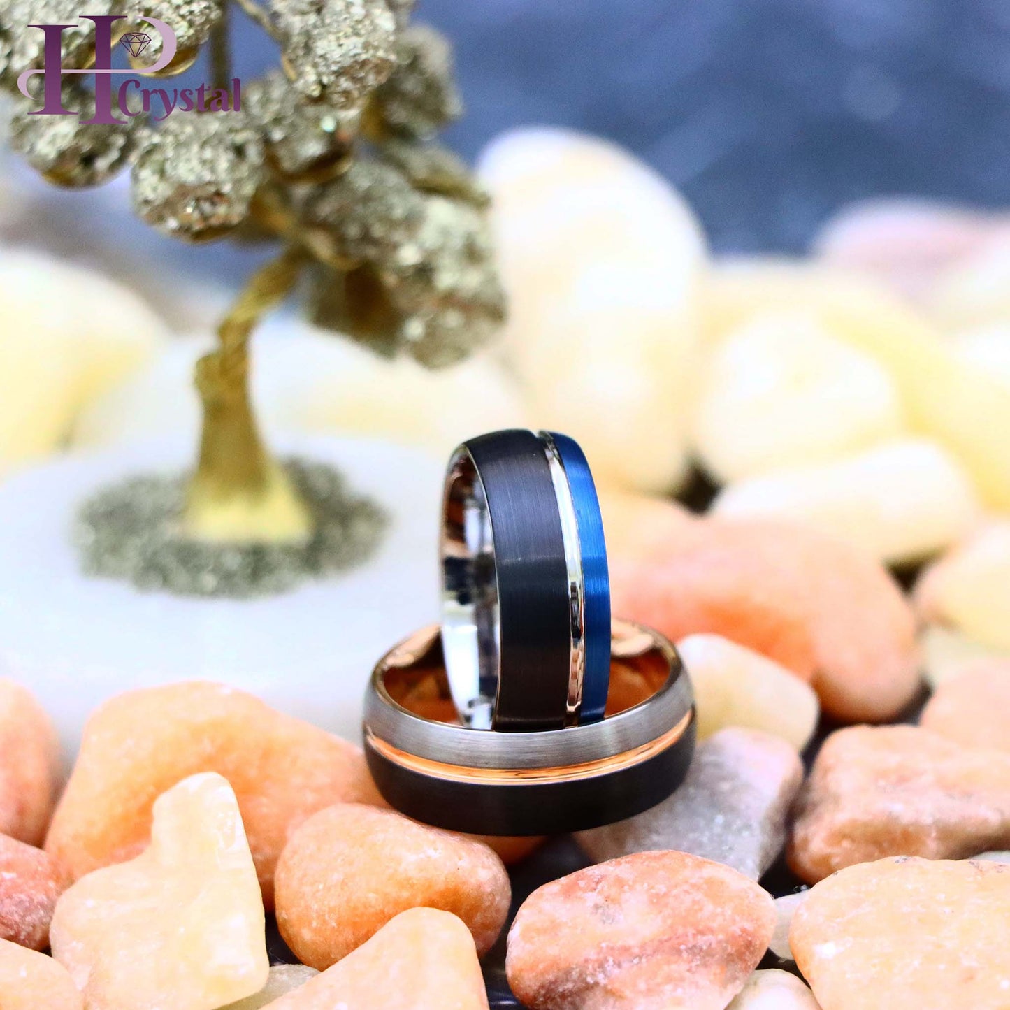 Three-tone Natural, Rose Gold & Black IP Plated/Blue & Black IP Plated Groove Tungsten Ring