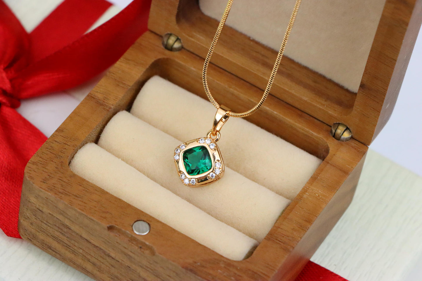 Green Cushion Stone Pendant in Gold Plated Brass with Crystal Halo, XPPT1768 (2152-7)