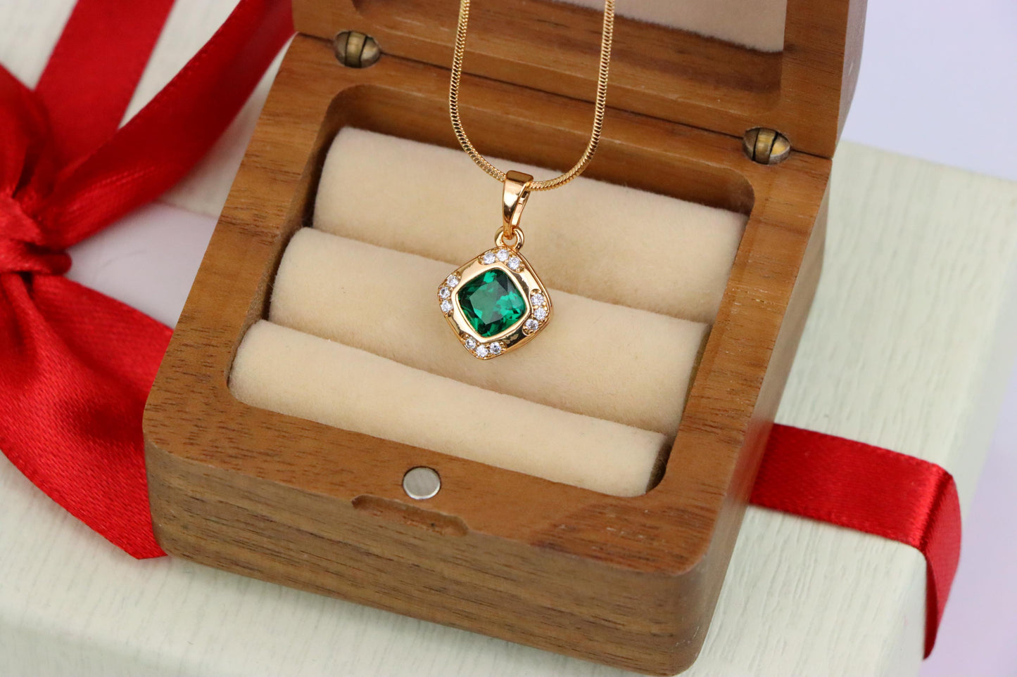 Green Cushion Stone Pendant in Gold Plated Brass with Crystal Halo, XPPT1768 (2152-7)