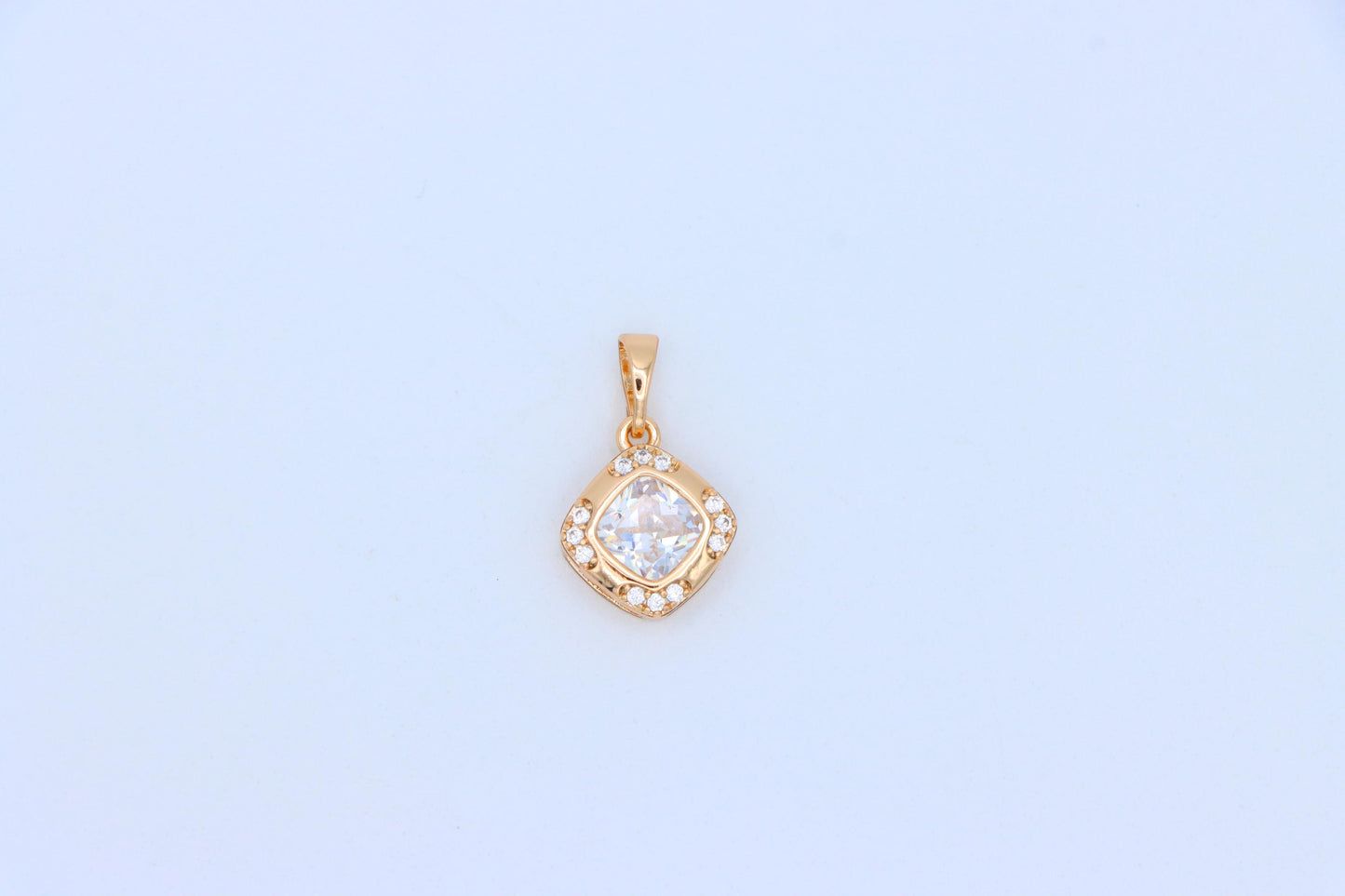 White Cushion Stone Pendant in Gold Plated Brass with Crystal Halo, XPPT1769 (2152-7)