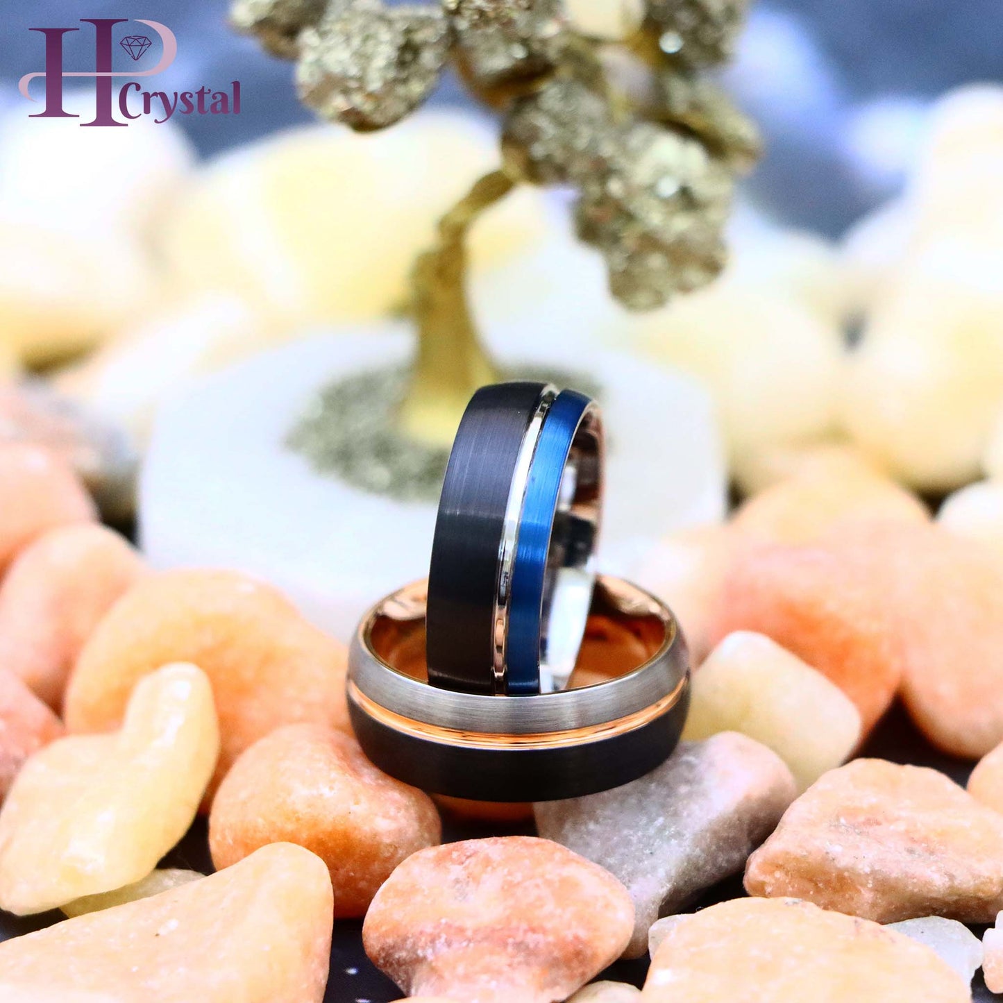 Three-tone Natural, Rose Gold & Black IP Plated/Blue & Black IP Plated Groove Tungsten Ring