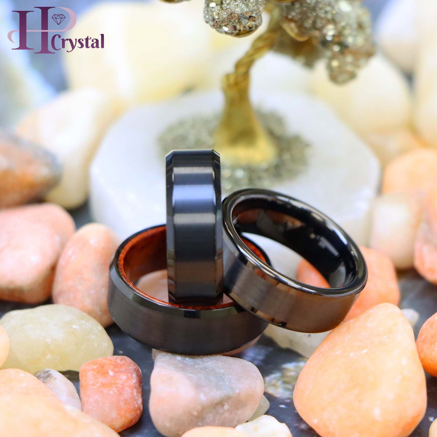 Black IP Plated Titanium/Tungsten Ring Brushed Center Beveled Edge Titanium Ring Wood Sleeve Tungsten Ring