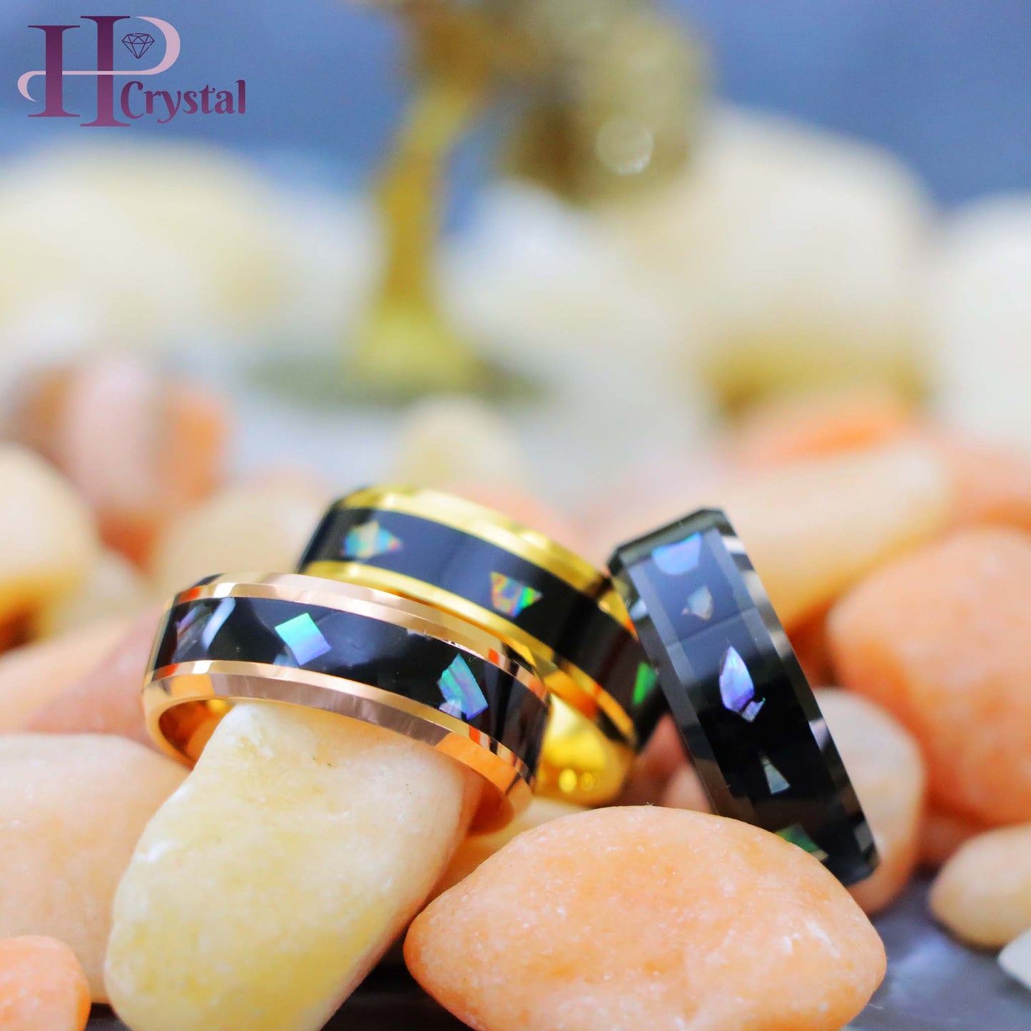 Yellow Gold IP/Black IP/Rose Gold IP Plated Abalone Shell Fragments Inlay Tungsten Ring