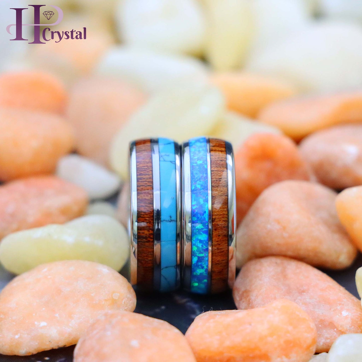 Koa Wood & Synthetic Opal/Turquoise Inlay Domed Tungsten Ring