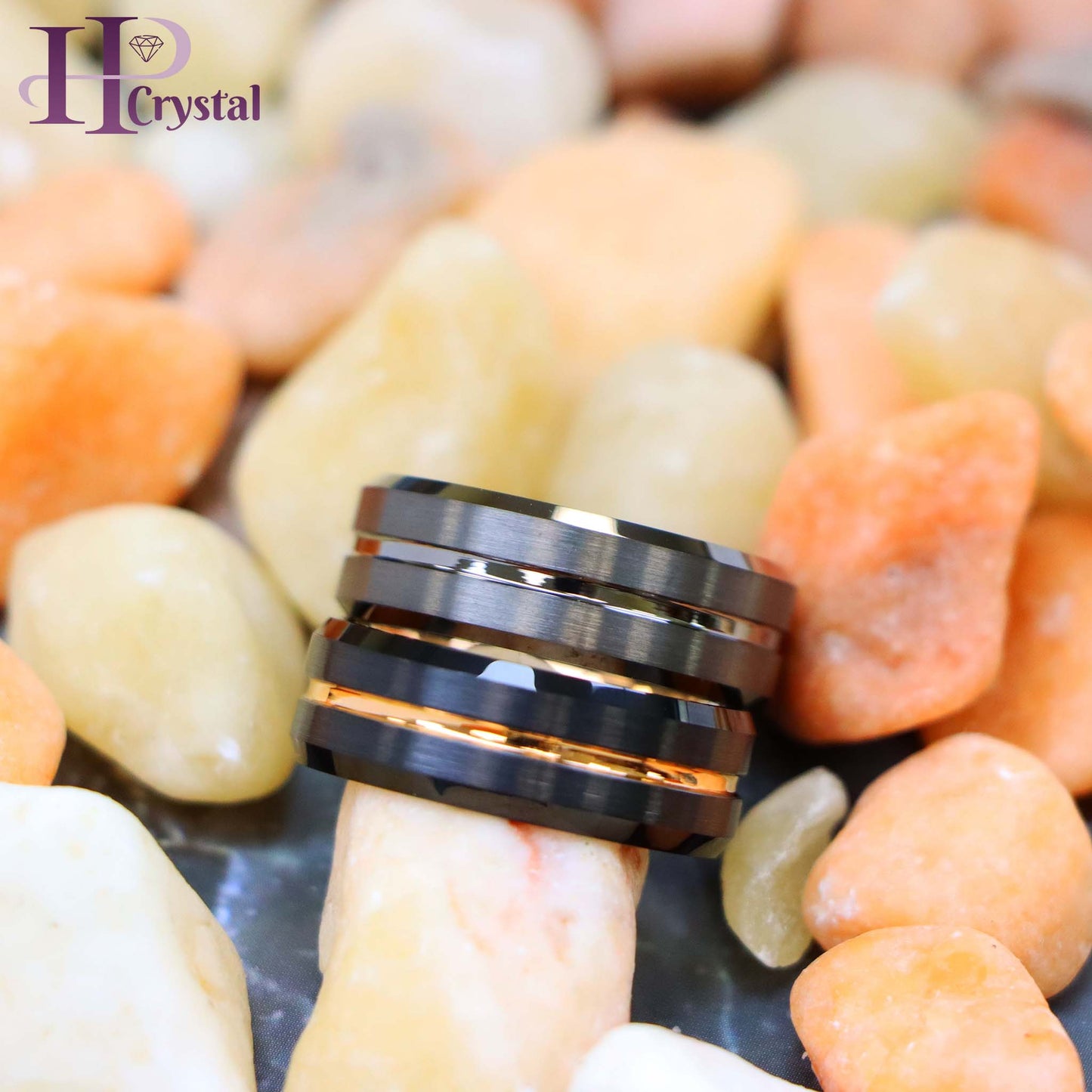 Black Ring Rose Gold Plated Inside & Grooved Center/Gun Metal IP Plated Grooved Tungsten Ring