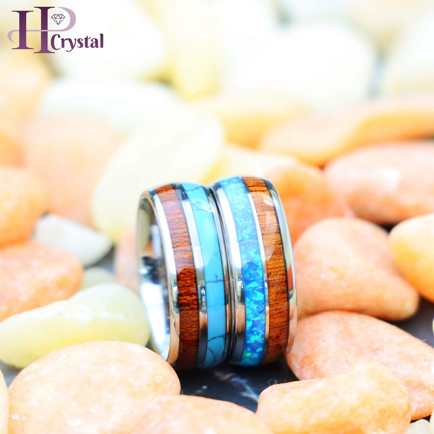 Koa Wood & Synthetic Opal/Turquoise Inlay Domed Tungsten Ring