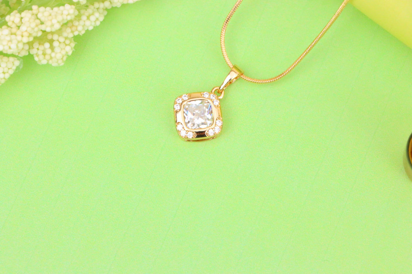 White Cushion Stone Pendant in Gold Plated Brass with Crystal Halo, XPPT1769 (2152-7)