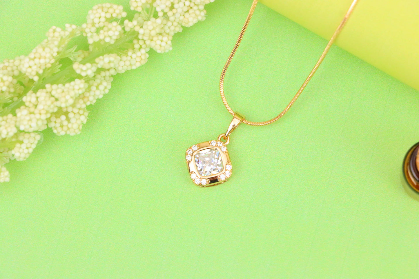 White Cushion Stone Pendant in Gold Plated Brass with Crystal Halo, XPPT1769 (2152-7)