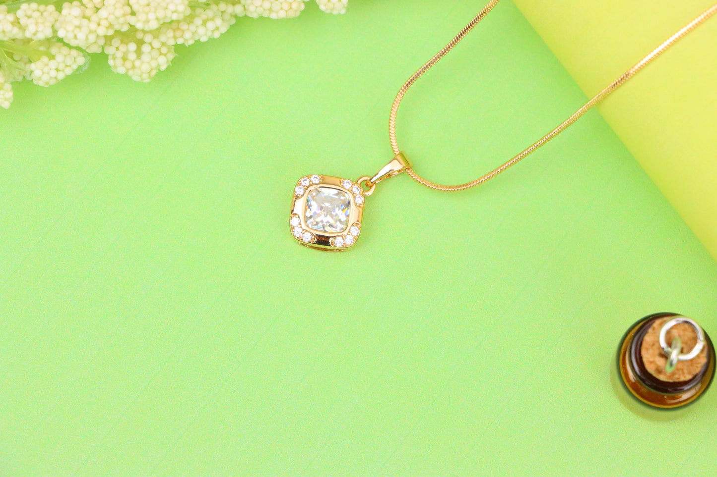 White Cushion Stone Pendant in Gold Plated Brass with Crystal Halo, XPPT1769 (2152-7)