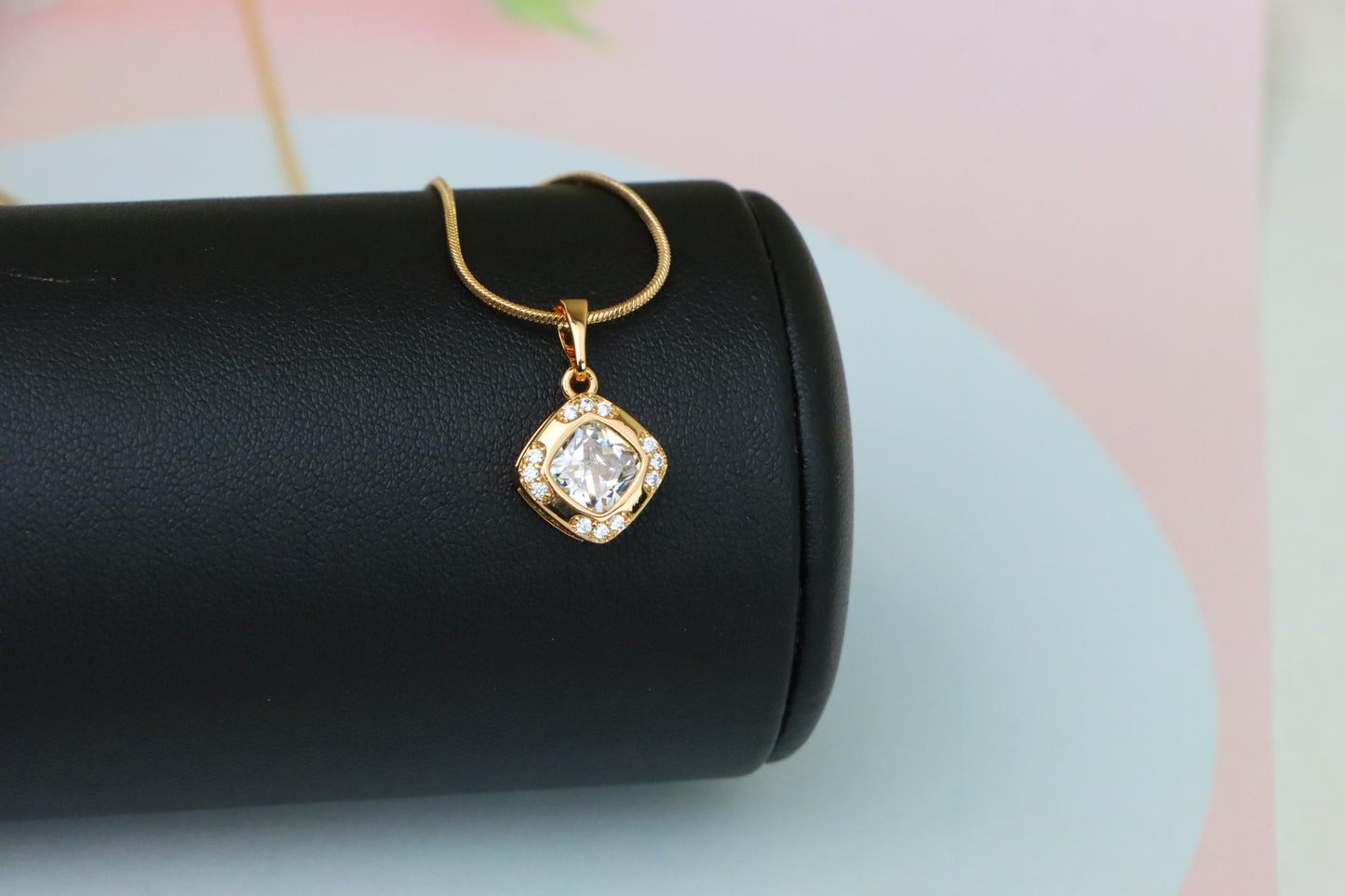White Cushion Stone Pendant in Gold Plated Brass with Crystal Halo, XPPT1769 (2152-7)