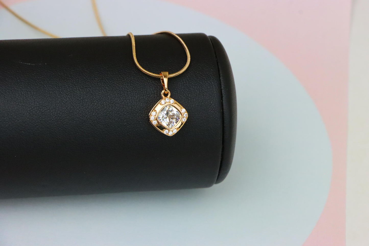 White Cushion Stone Pendant in Gold Plated Brass with Crystal Halo, XPPT1769 (2152-7)