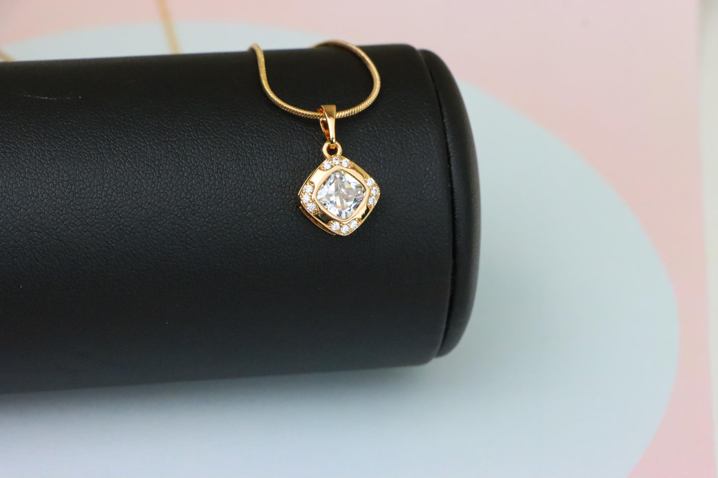 White Cushion Stone Pendant in Gold Plated Brass with Crystal Halo, XPPT1769 (2152-7)