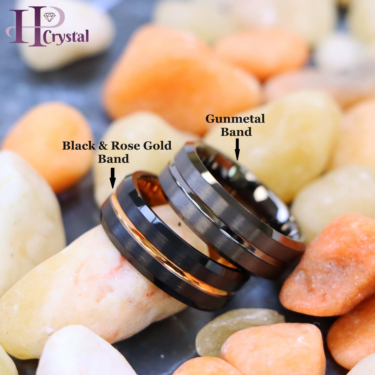 Black Ring Rose Gold Plated Inside & Grooved Center/Gun Metal IP Plated Grooved Tungsten Ring