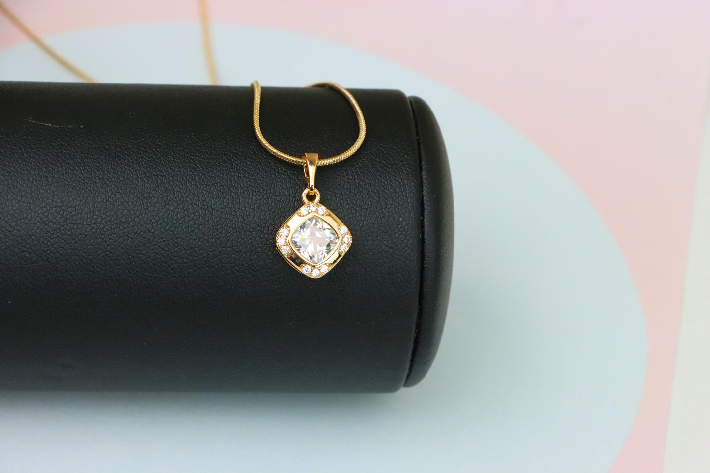 White Cushion Stone Pendant in Gold Plated Brass with Crystal Halo, XPPT1769 (2152-7)