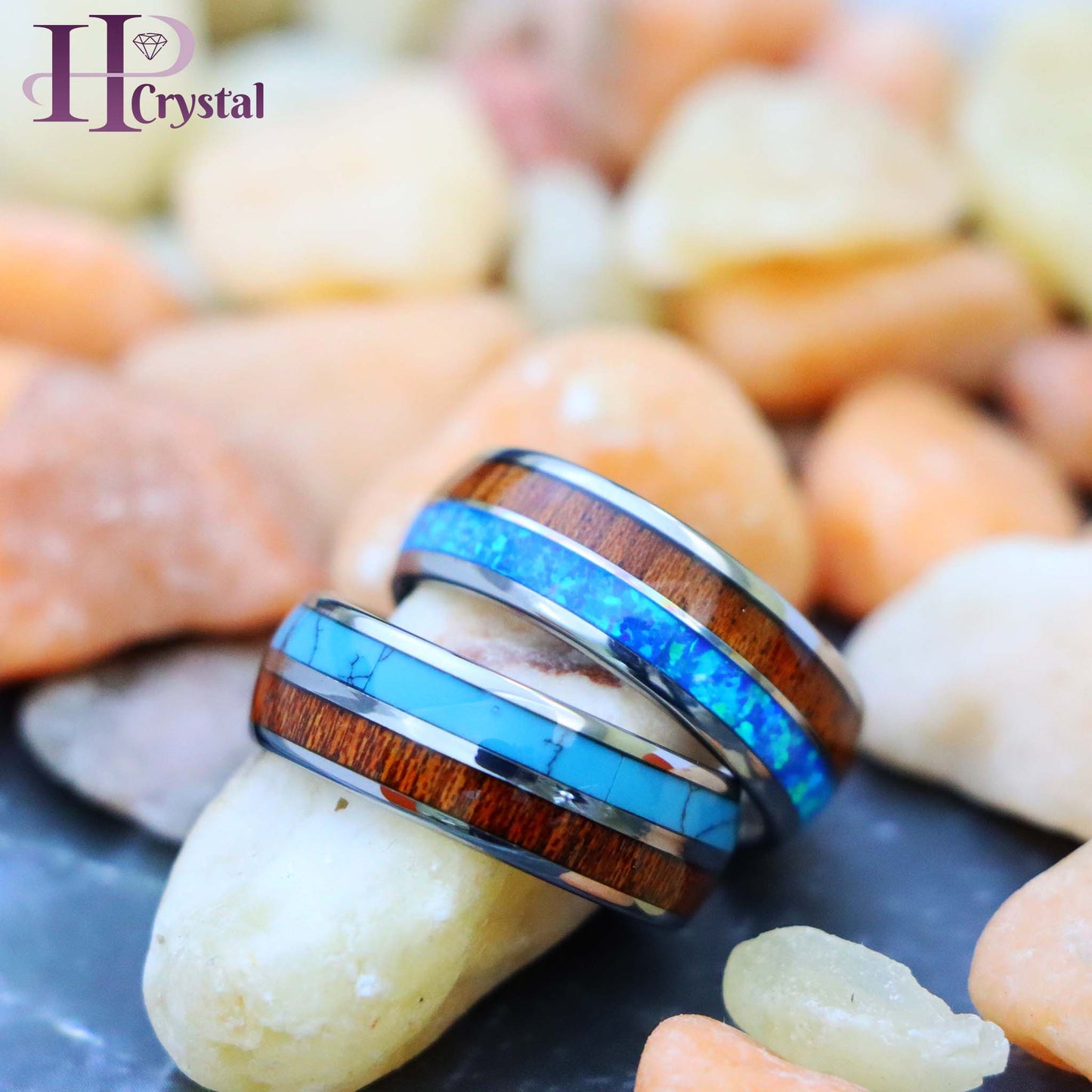 Koa Wood & Synthetic Opal/Turquoise Inlay Domed Tungsten Ring