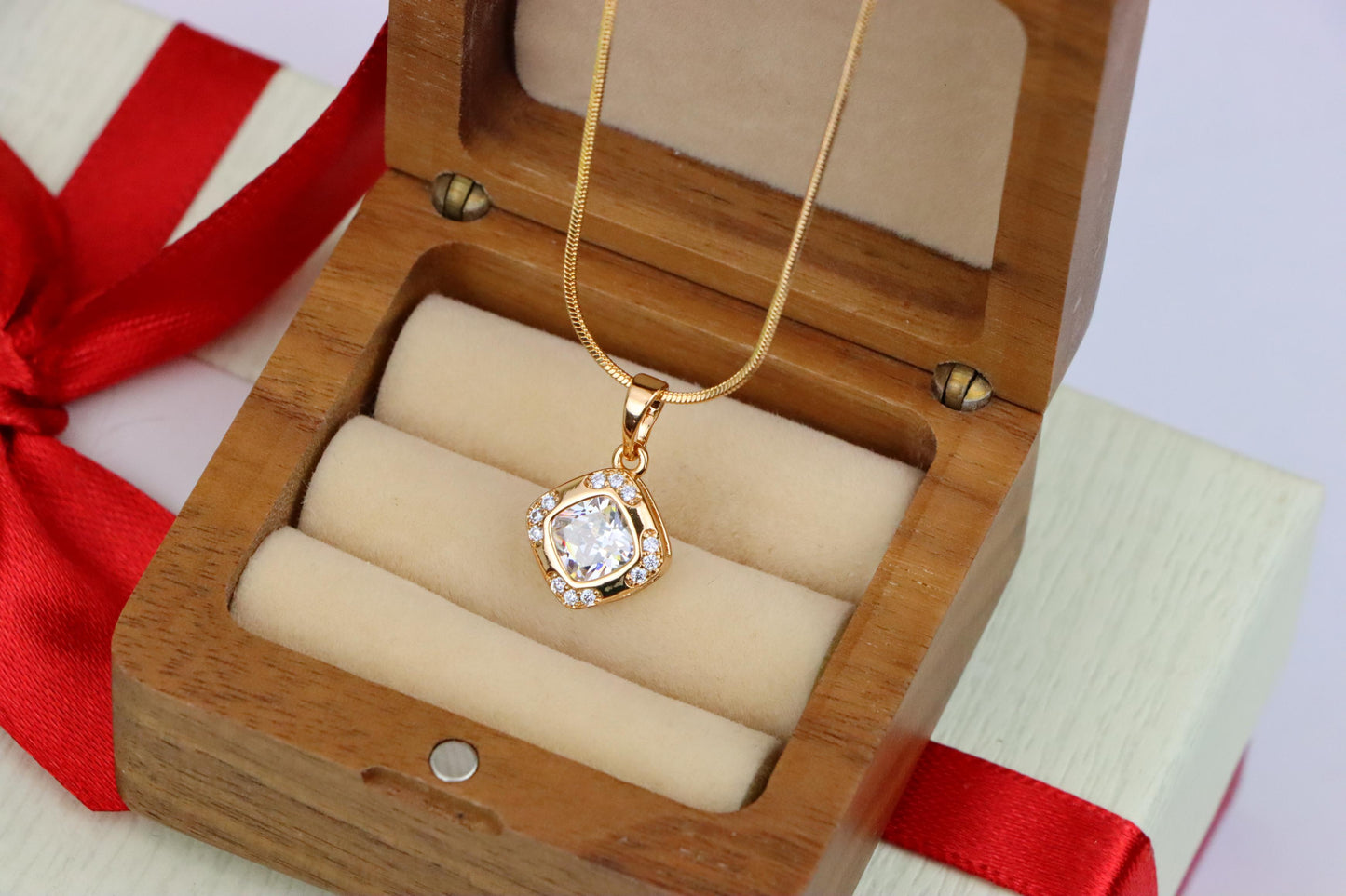 White Cushion Stone Pendant in Gold Plated Brass with Crystal Halo, XPPT1769 (2152-7)