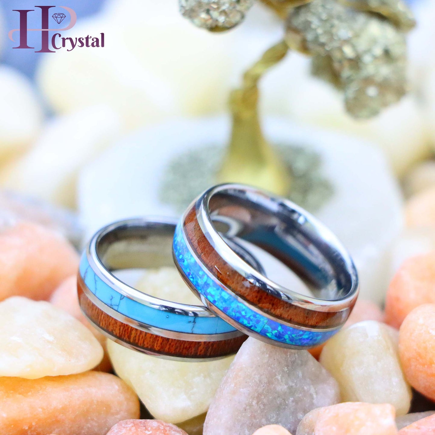 Koa Wood & Synthetic Opal/Turquoise Inlay Domed Tungsten Ring