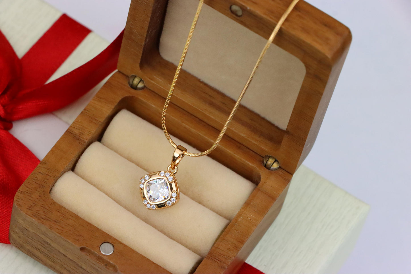 White Cushion Stone Pendant in Gold Plated Brass with Crystal Halo, XPPT1769 (2152-7)