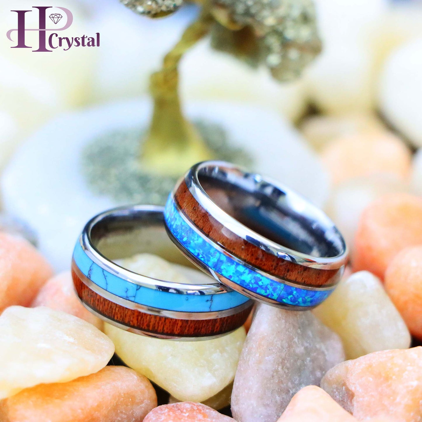 Koa Wood & Synthetic Opal/Turquoise Inlay Domed Tungsten Ring