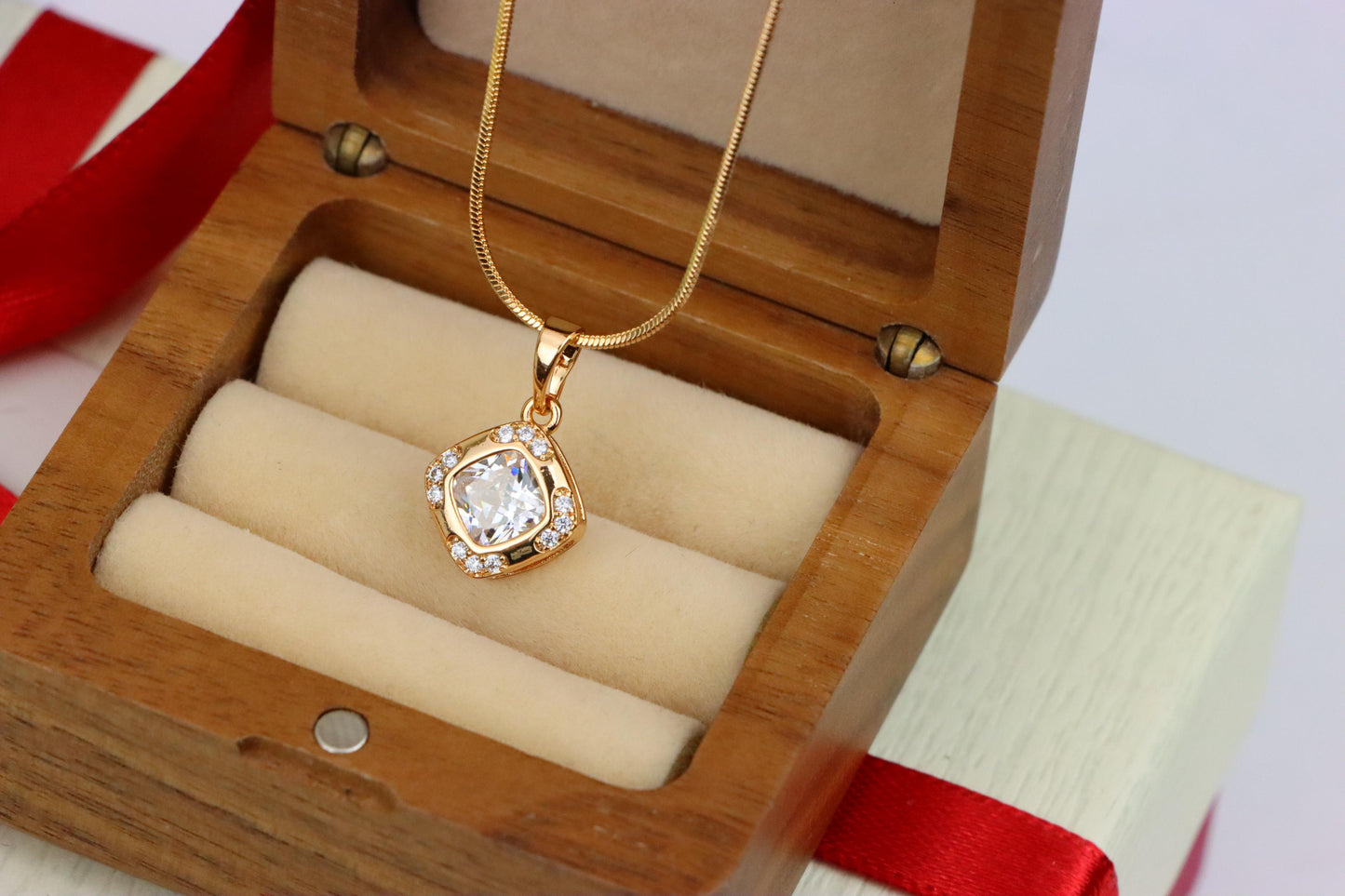 White Cushion Stone Pendant in Gold Plated Brass with Crystal Halo, XPPT1769 (2152-7)