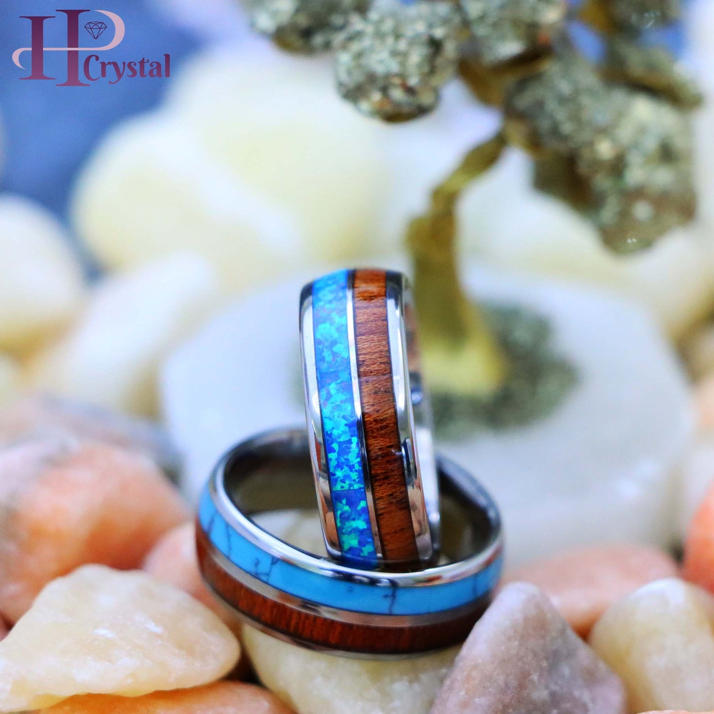 Koa Wood & Synthetic Opal/Turquoise Inlay Domed Tungsten Ring