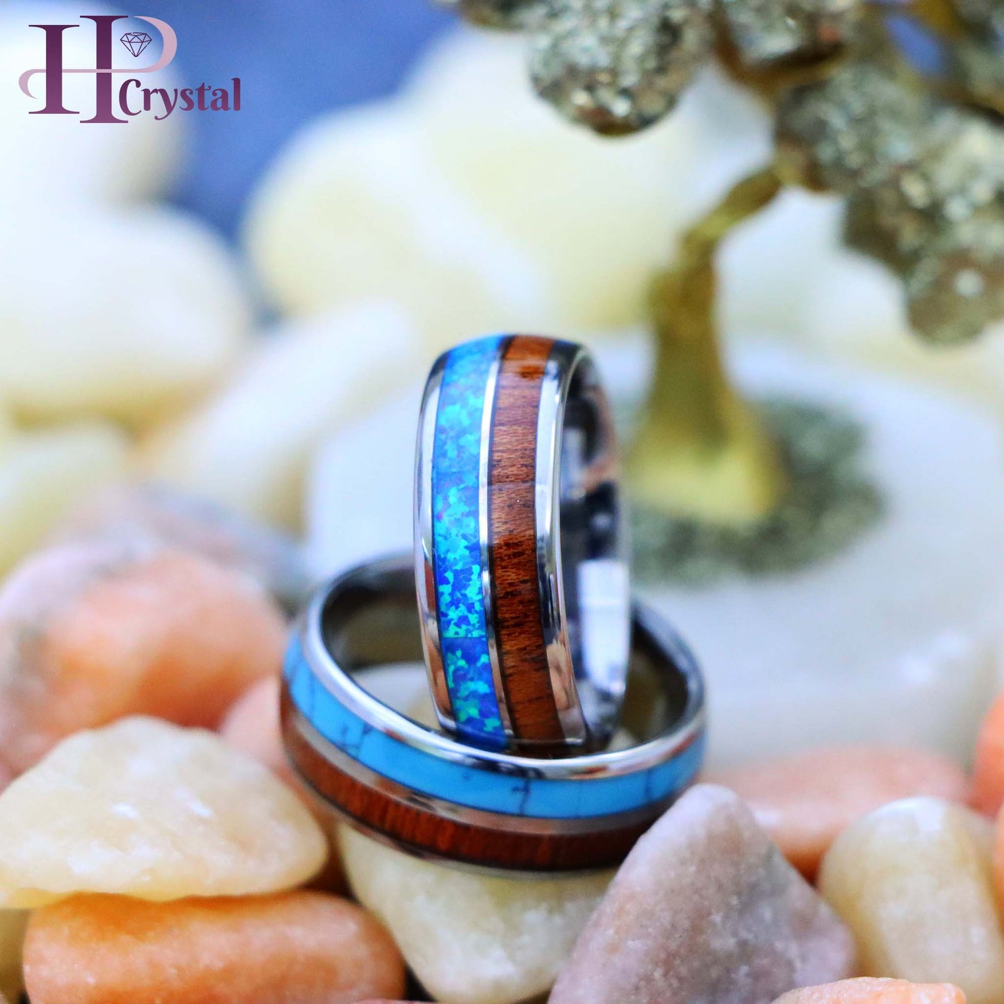 Koa Wood & Synthetic Opal/Turquoise Inlay Domed Tungsten Ring